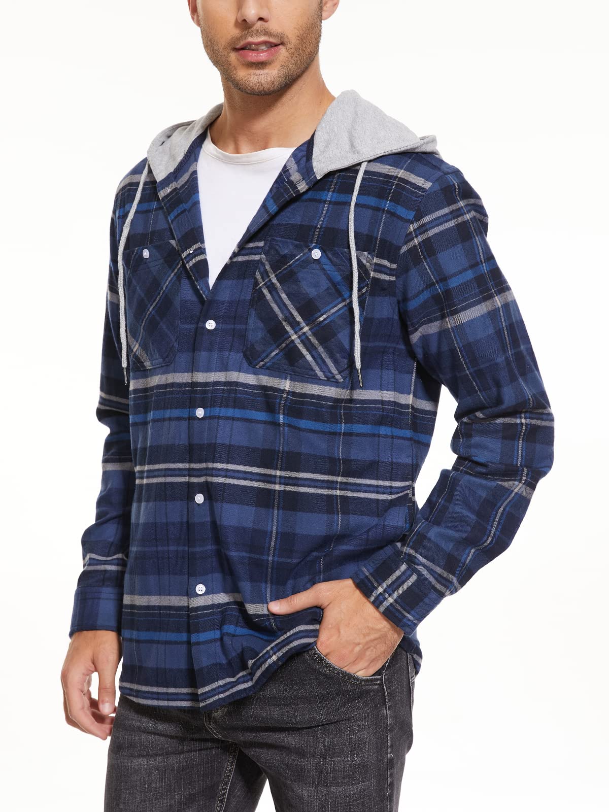 MAGNIVIT Mens Classic Plaid Long Sleeve Hooded Shirts Multi Pockets Thin Cotton Light Jacket Relaxed Fit Casual Outwear