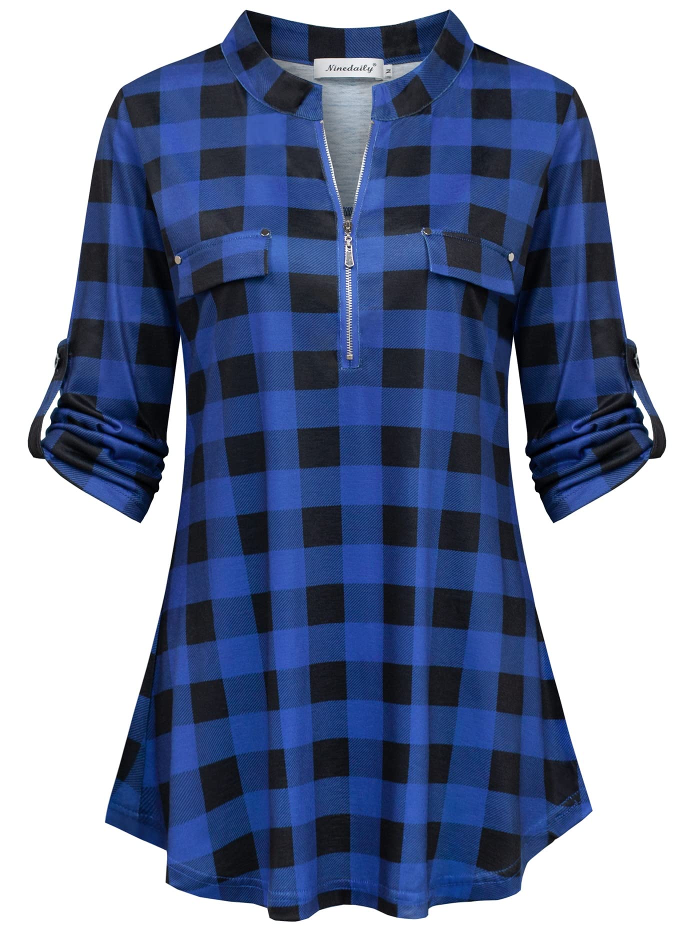 Ninedaily Women's 3/4 Sleeve Plaid Shirts Zip Floral Casual Tunic Blouse Tops