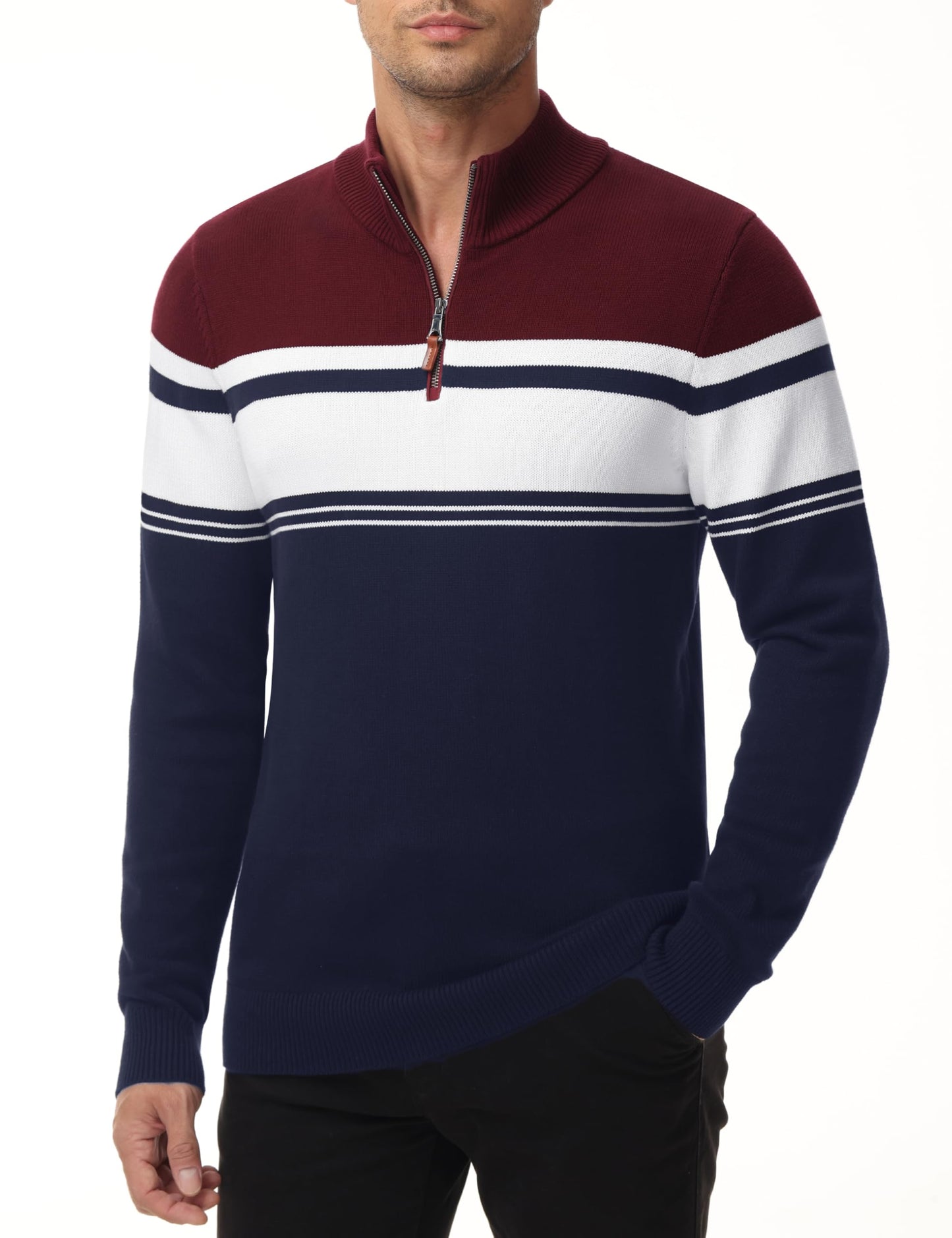 MAGNIVIT Men's Sweater Quarter Zip Striped Pullover Fall Winter Spring Color Block Polo Sweatshirts