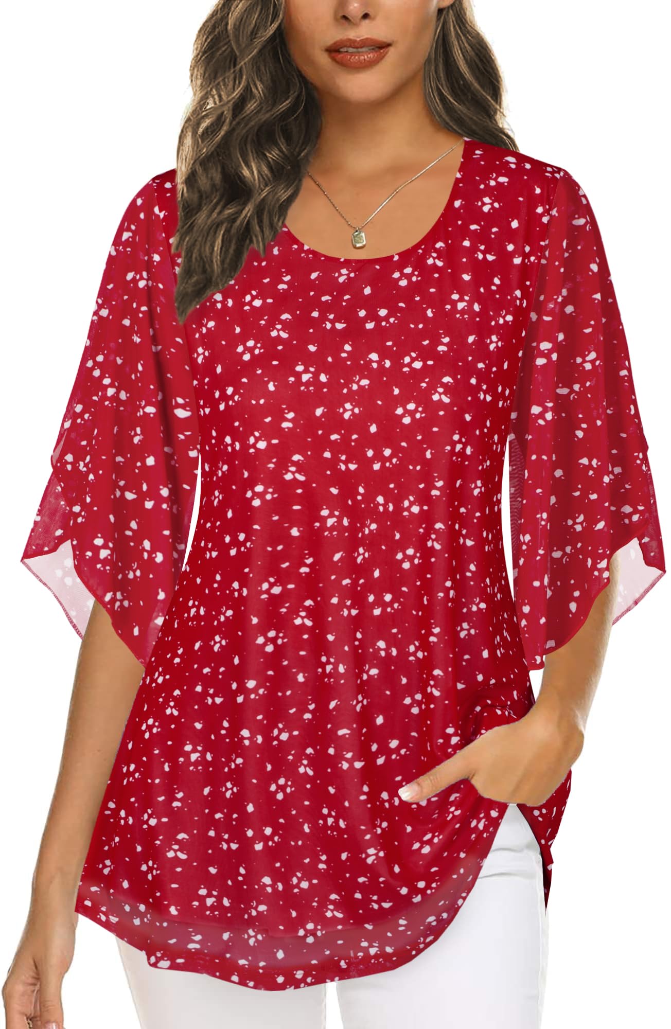 Ninedaily Women's Tops 3/4 Sleeve Blouses Dressy Casual Double Layers Mesh Tunic Shirts