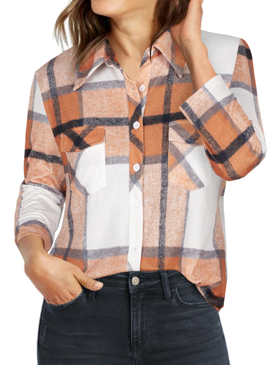 Ninedaily Women's Plaid Shirt Collared Button Down Blouse 3/4 Sleeve Tunic Tops