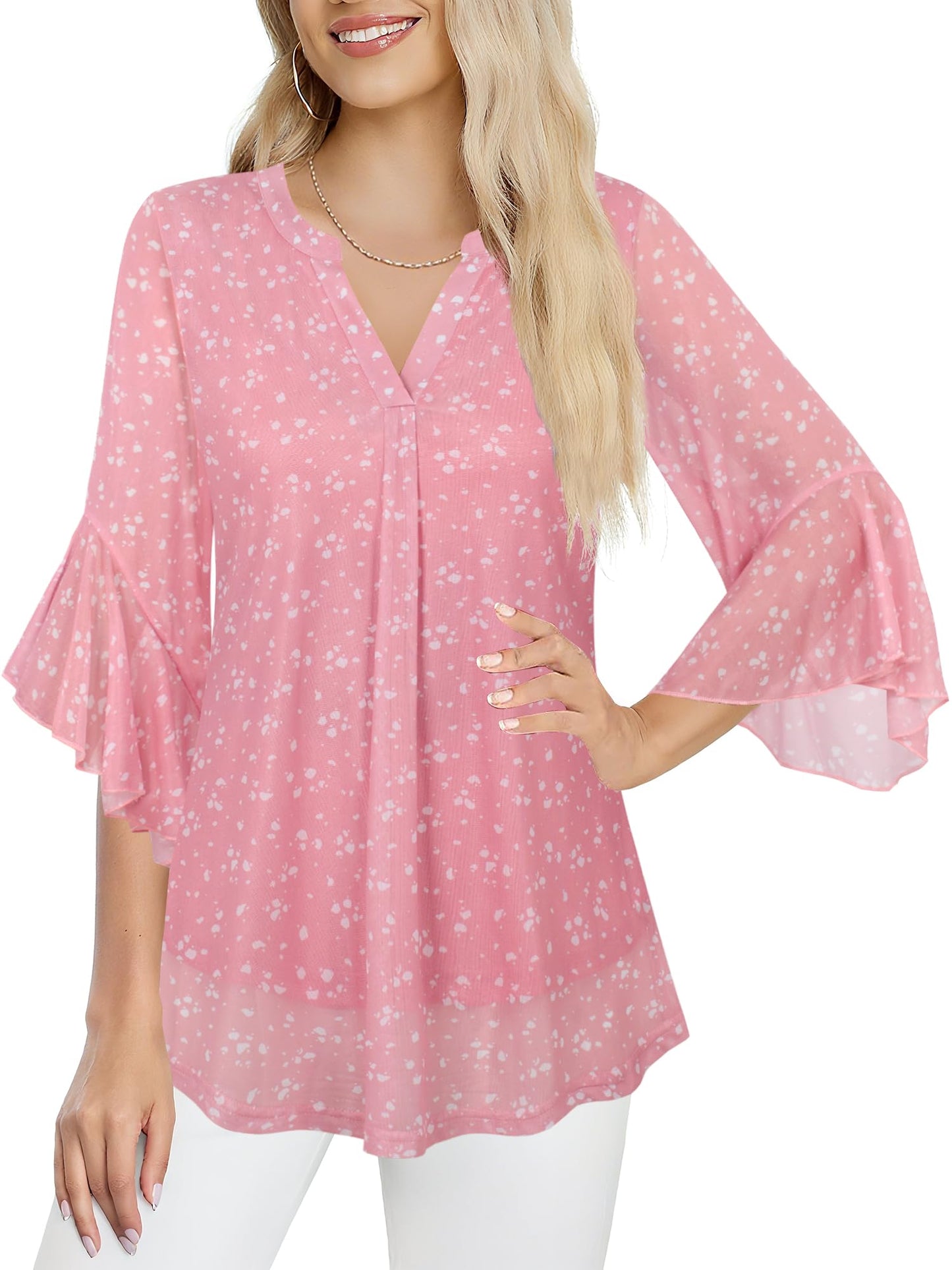 Ninedaily Womens Tops 3/4 Sleeve Dressy Casual Blouses Double Layers V Neck Shirt