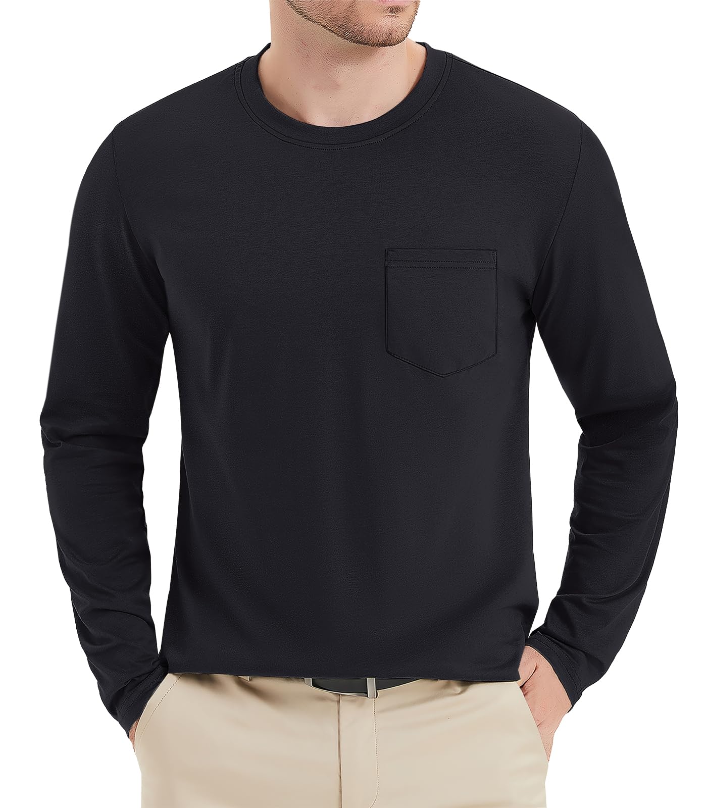 MAGNIVIT Men's Long Sleeve Cotton Shirts with Pocket Crew Neck Casual Shirt Regular Fit Solid Top Spring Fashion 2025
