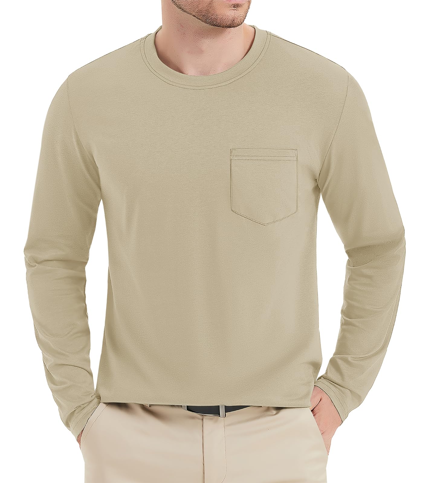 MAGNIVIT Men's Long Sleeve Cotton Shirts with Pocket Crew Neck Casual Shirt Regular Fit Solid Top Spring Fashion 2025