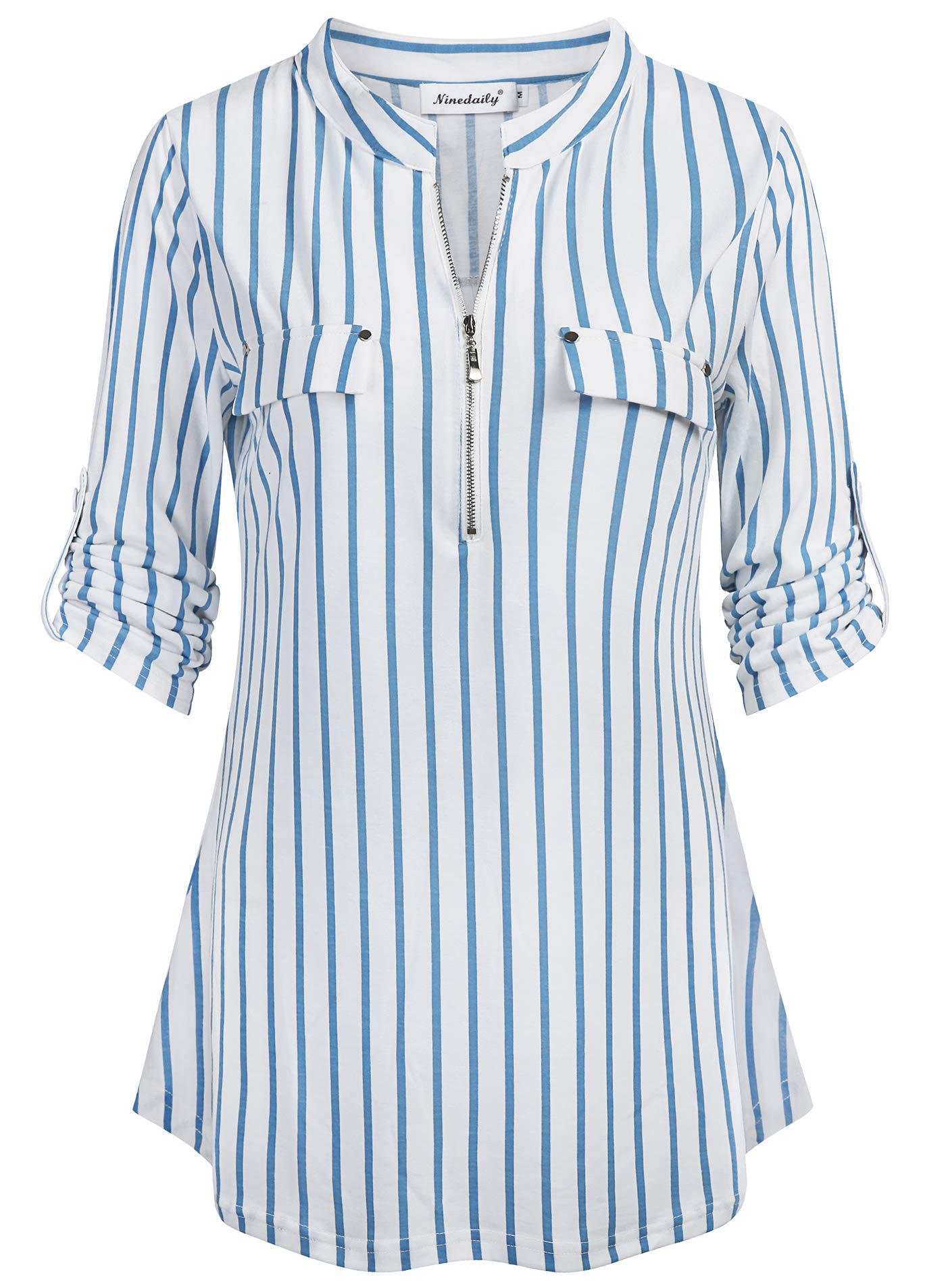 Ninedaily Women's 3/4 Sleeve Plaid Shirts Zip Floral Casual Tunic Blouse Tops