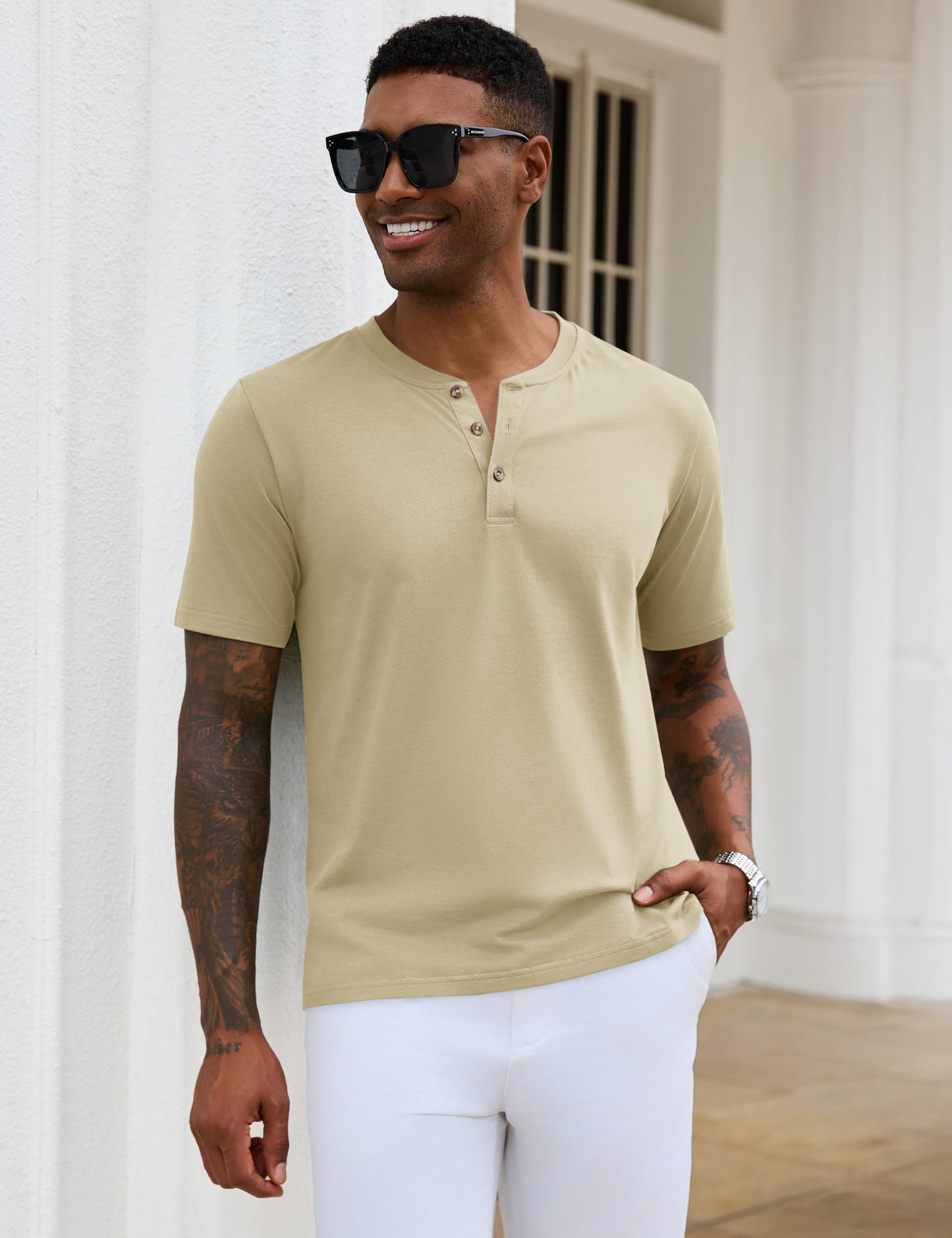 MAGNIVIT Mens Henley Shirts Short Sleeve Cotton Casual Summer Basic T-Shirts 3 Button Solid Collarless Shirts for Work