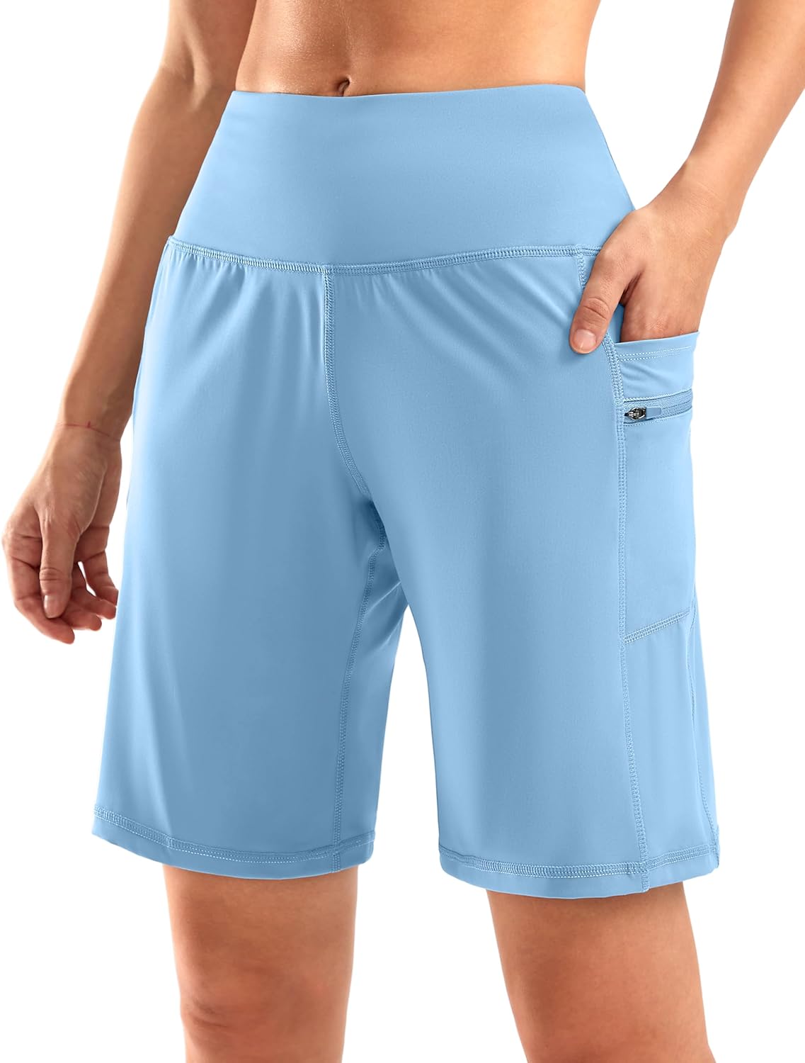 G Gradual Women's High Waisted 9" Bermuda Shorts with Zipper Pockets Athletic Workout Long Shorts for Women Knee Length