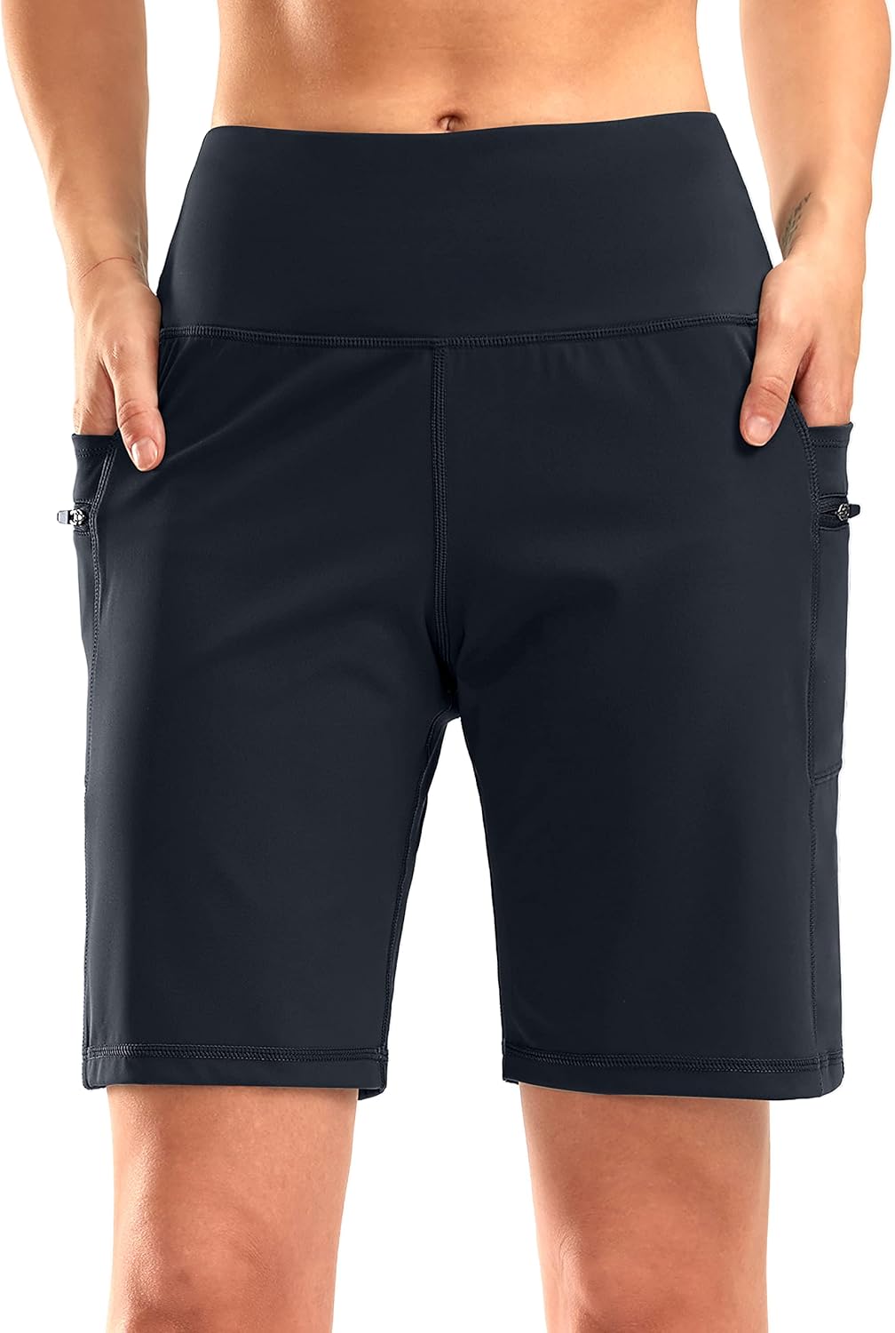 G Gradual Women's High Waisted 9" Bermuda Shorts with Zipper Pockets Athletic Workout Long Shorts for Women Knee Length