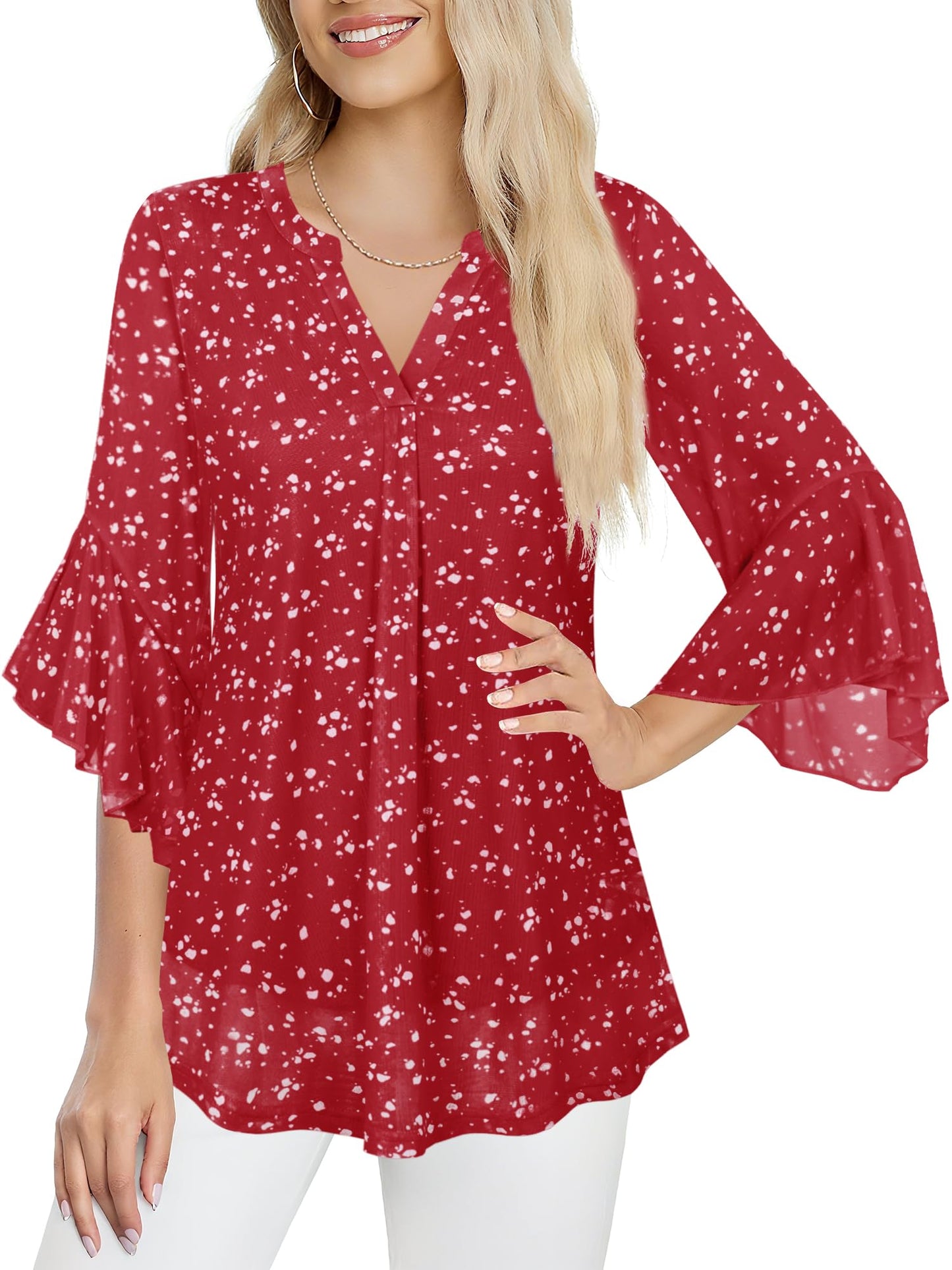 Ninedaily Womens Tops 3/4 Sleeve Dressy Casual Blouses Double Layers V Neck Shirt