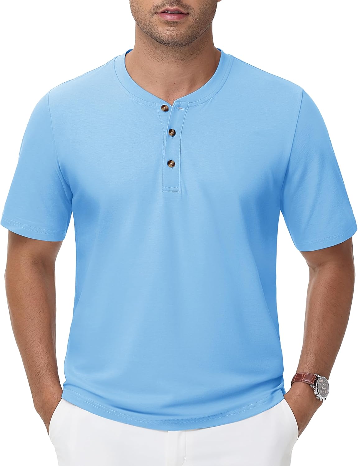 MAGNIVIT Men's Henley Shirts Cotton Short Sleeve Tee Lightweight Casual Basic Top Solid Work Shirts for Men WaterFBlue L