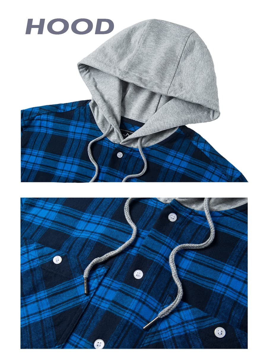 MAGNIVIT Mens Classic Plaid Long Sleeve Hooded Shirts Multi Pockets Thin Cotton Light Jacket Relaxed Fit Casual Outwear