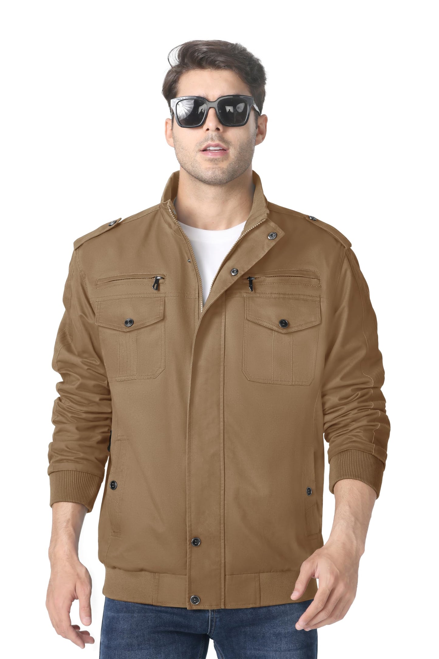MAGNIVIT Men's Military Lightweight Army Windbreaker Cargo Jacket With Stand Collar, Zip Front, 7 Pockets - Cotton