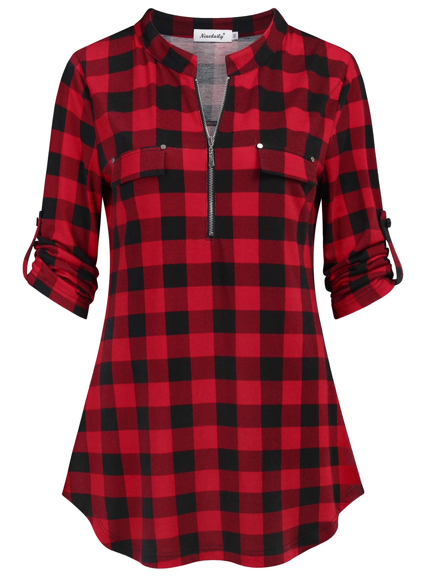 Ninedaily Women's 3/4 Sleeve Plaid Shirts Zip Floral Casual Tunic Blouse Tops