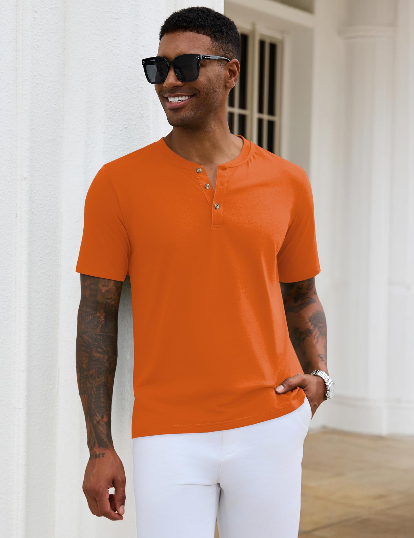 MAGNIVIT Mens Henley Shirts Short Sleeve Cotton Casual Summer Basic T-Shirts 3 Button Solid Collarless Shirts for Work