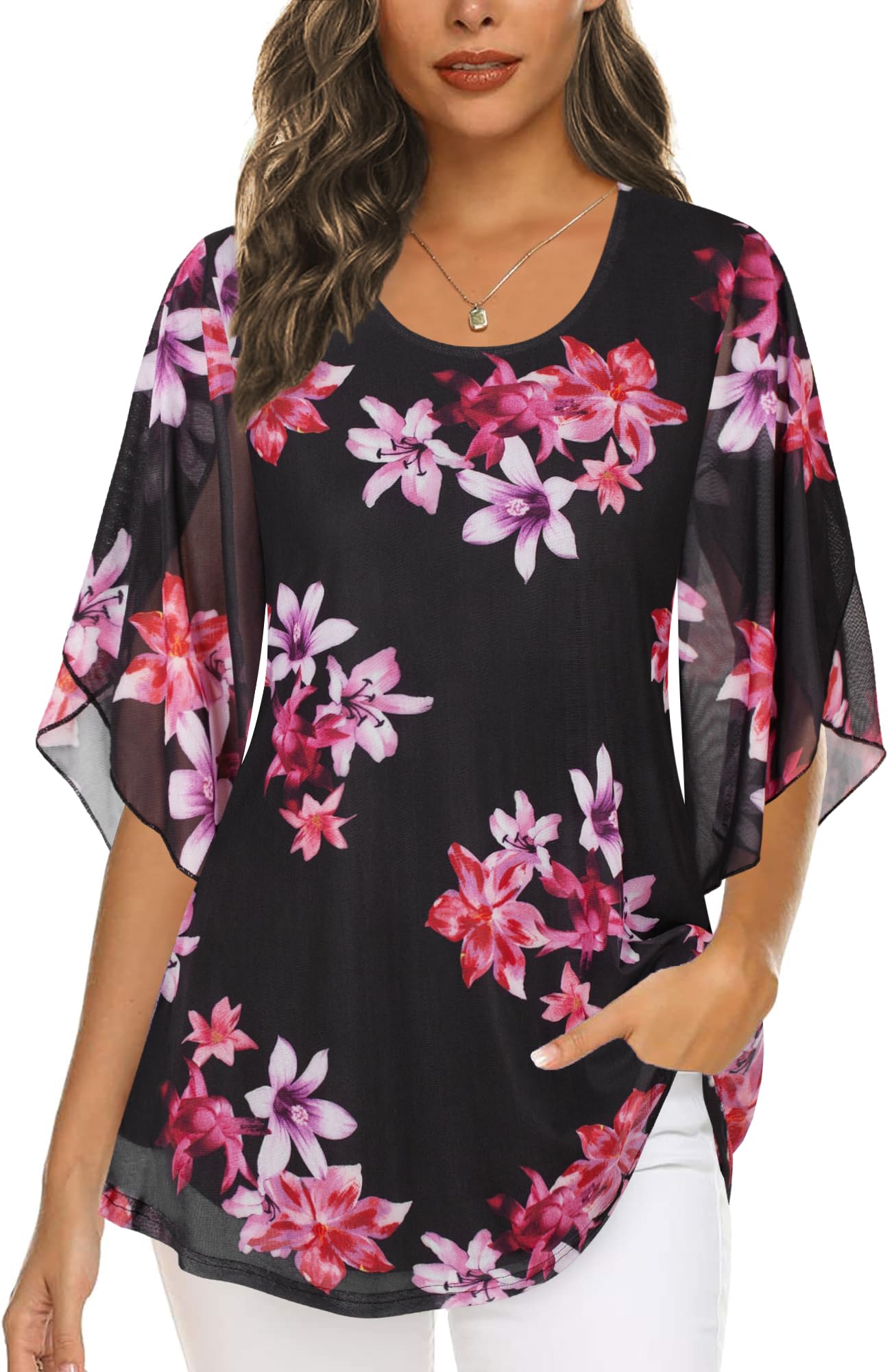 Ninedaily Women's Tops 3/4 Sleeve Blouses Dressy Casual Double Layers Mesh Tunic Shirts