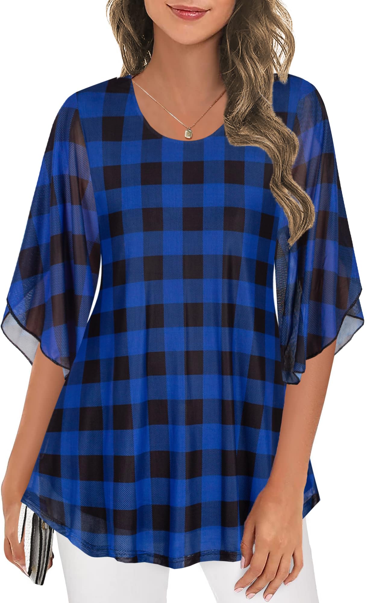 Ninedaily Women's Tops 3/4 Sleeve Blouses Dressy Casual Double Layers Mesh Tunic Shirts