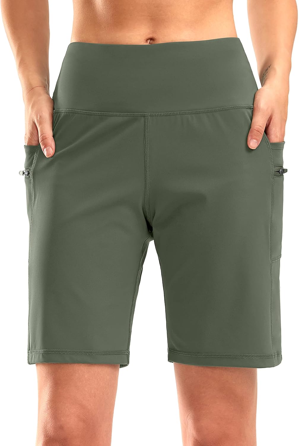G Gradual Women's High Waisted 9" Bermuda Shorts with Zipper Pockets Athletic Workout Long Shorts for Women Knee Length