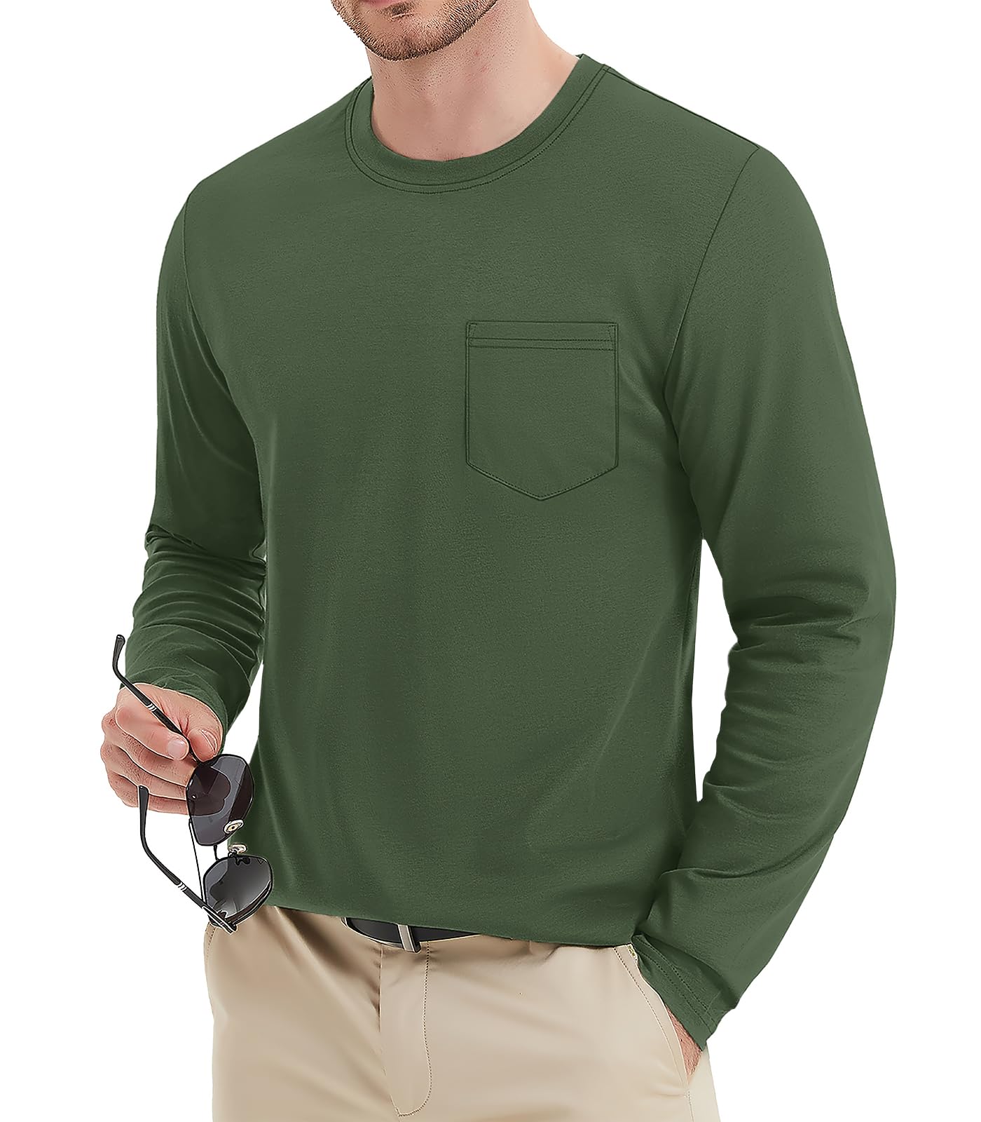 MAGNIVIT Men's Long Sleeve Cotton Shirts with Pocket Crew Neck Casual Shirt Regular Fit Solid Top Spring Fashion 2025