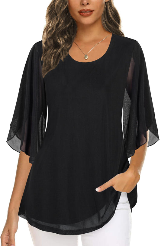 Ninedaily Women's Tops 3/4 Sleeve Blouses Dressy Casual Double Layers Mesh Tunic Shirts