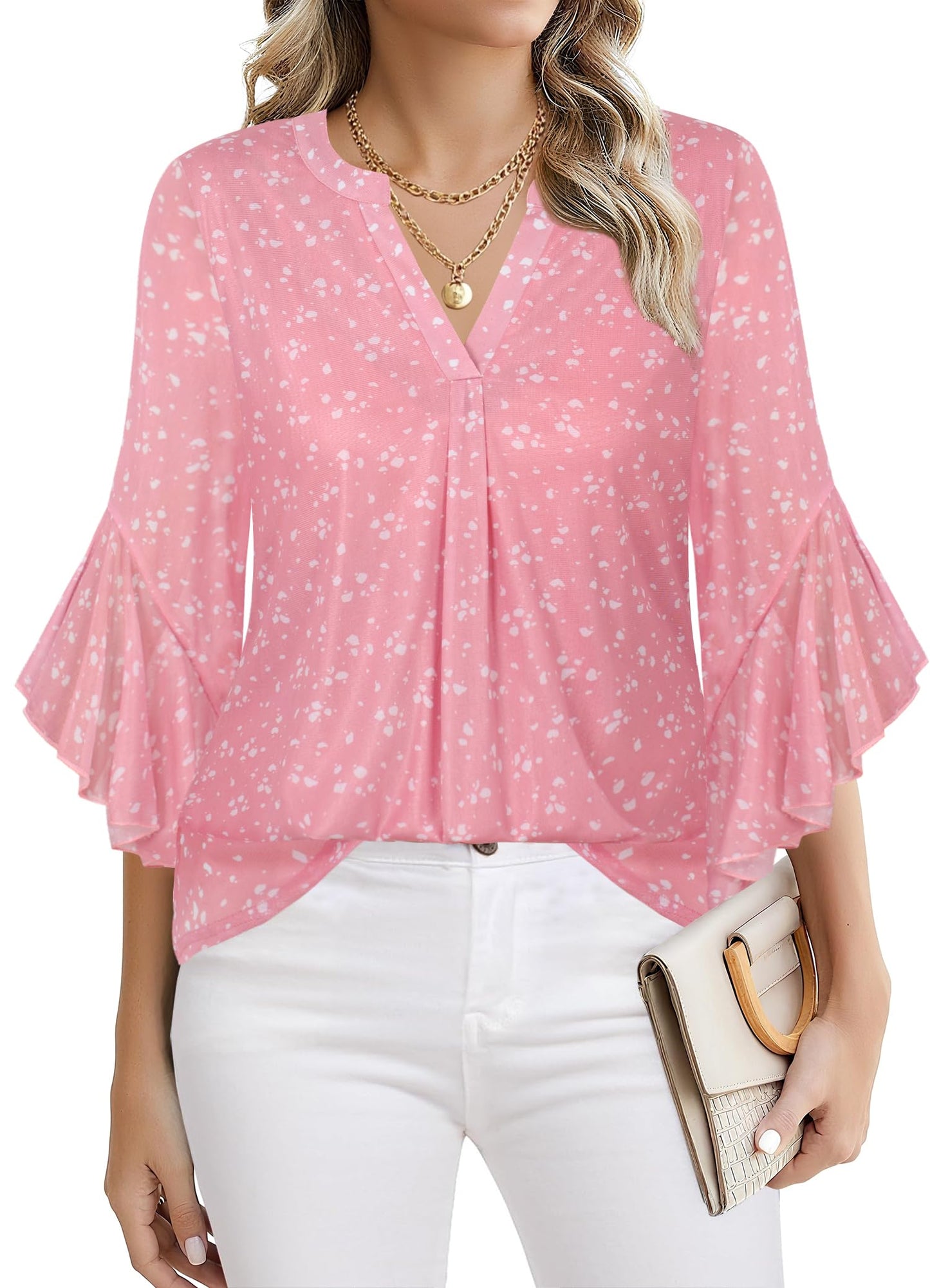 Ninedaily Womens Tops 3/4 Sleeve Dressy Casual Blouses Double Layers V Neck Shirt