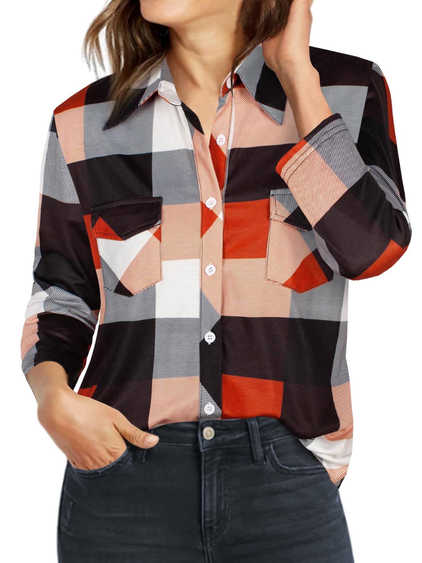 Ninedaily Women's Plaid Shirt Collared Button Down Blouse 3/4 Sleeve Tunic Tops