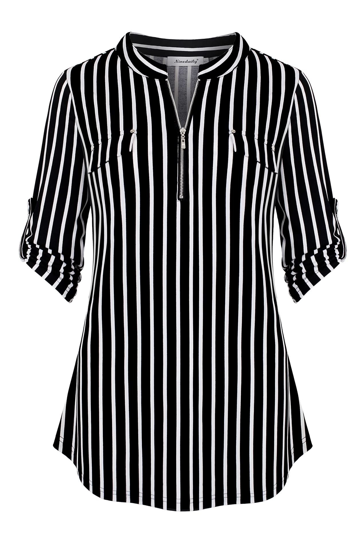 Ninedaily Women's 3/4 Sleeve Plaid Shirts Zip Floral Casual Tunic Blouse Tops