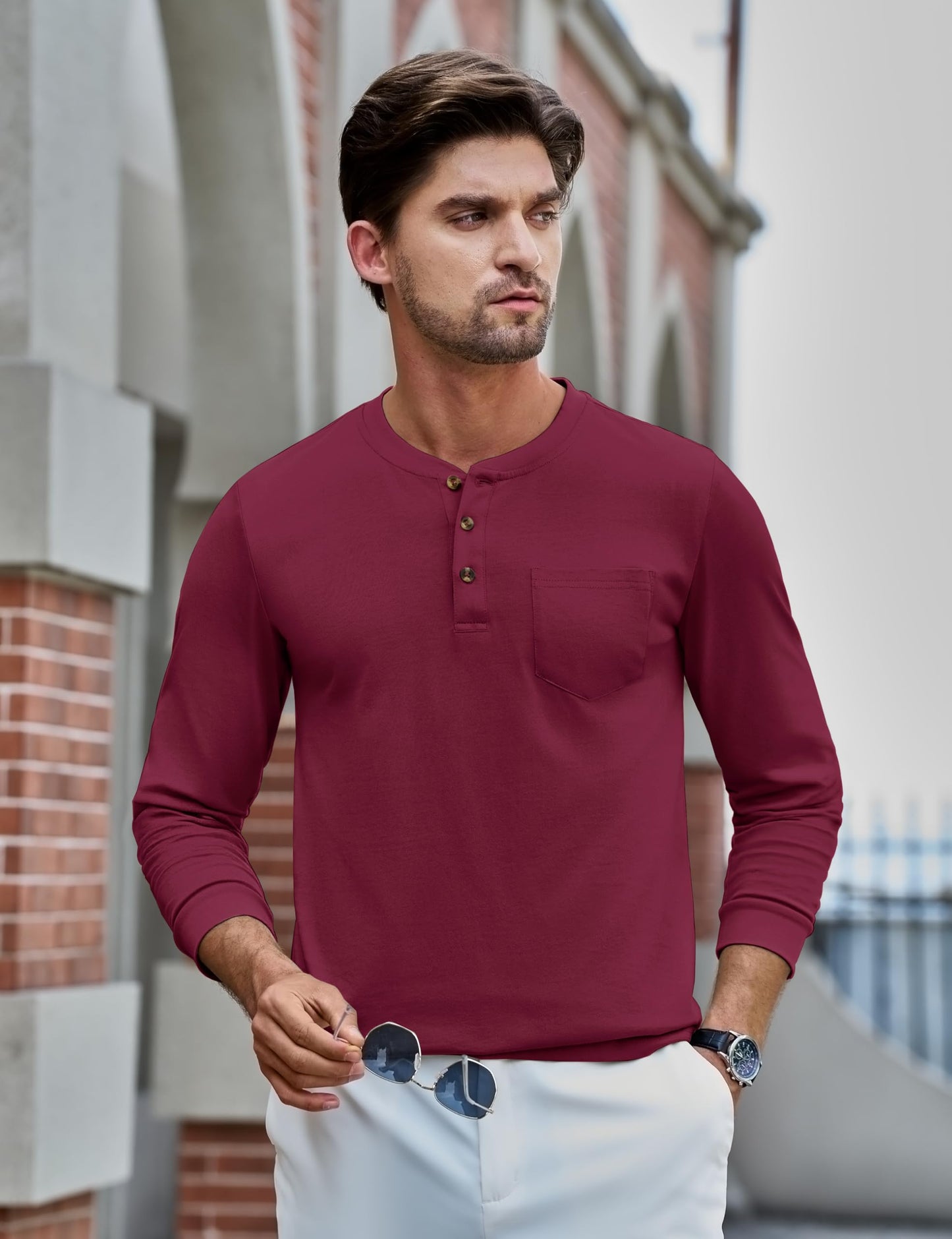 MAGNIVIT Mens Henley Shirts Long Sleeve with Pocket Fall Cotton Casual T-Shirts Plain Moisture Wicking Tee with 3 Button