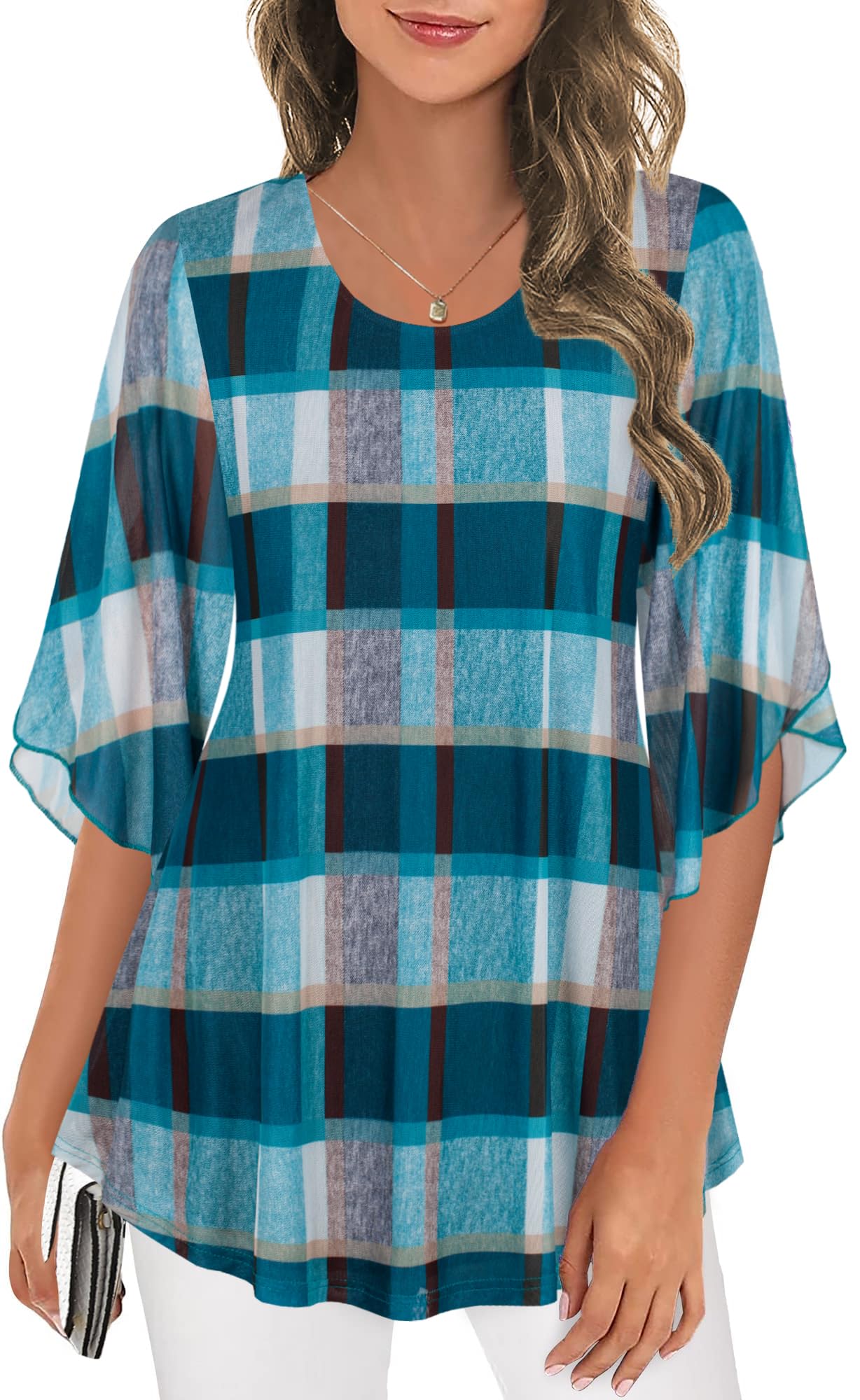 Ninedaily Women's Tops 3/4 Sleeve Blouses Dressy Casual Double Layers Mesh Tunic Shirts