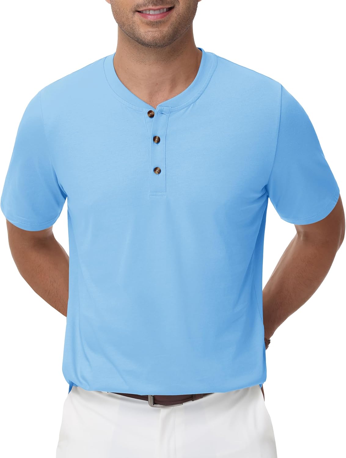 MAGNIVIT Men's Henley Shirts Cotton Short Sleeve Tee Lightweight Casual Basic Top Solid Work Shirts for Men WaterFBlue L