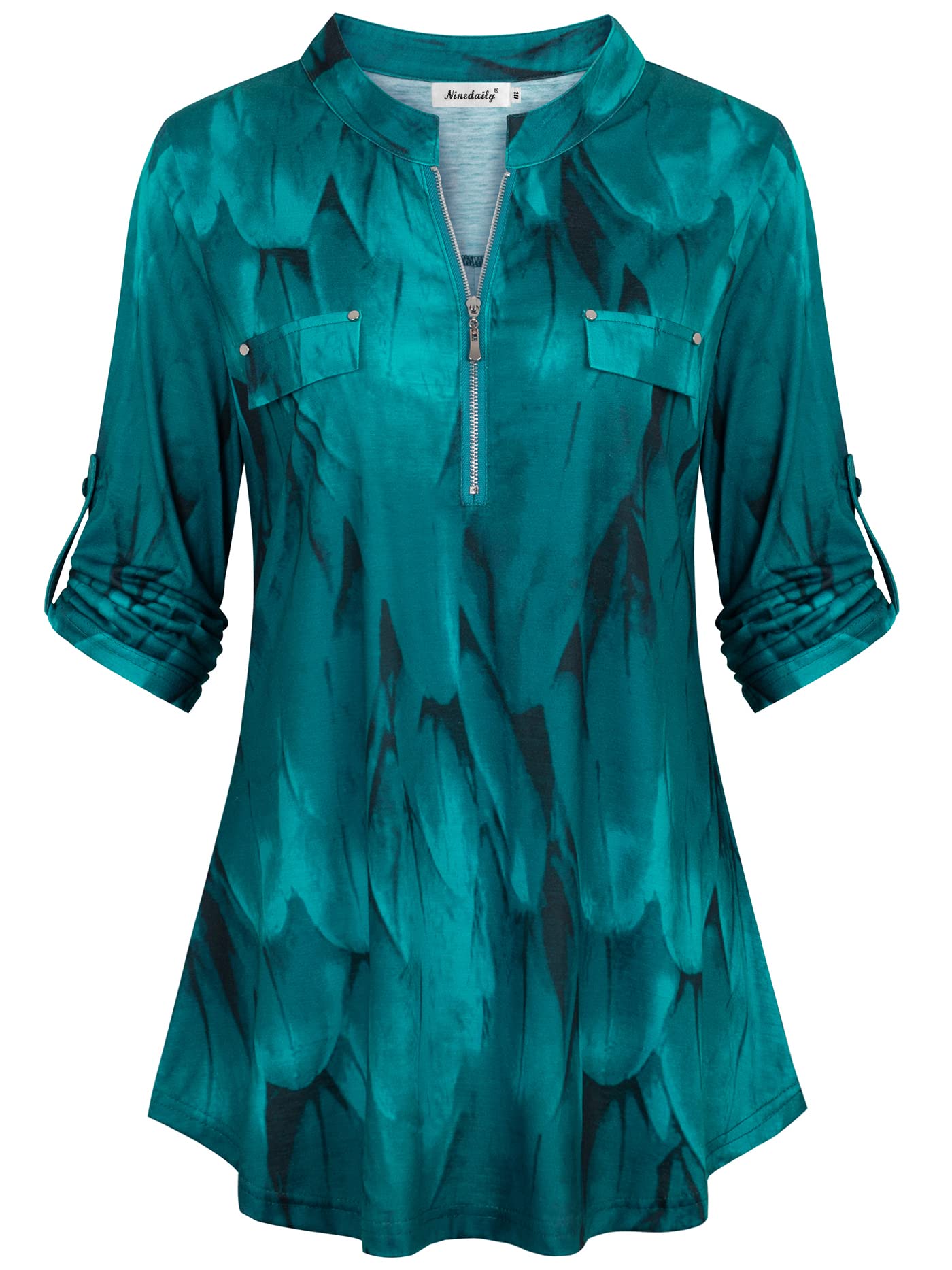 Ninedaily Women's 3/4 Sleeve Plaid Shirts Zip Floral Casual Tunic Blouse Tops