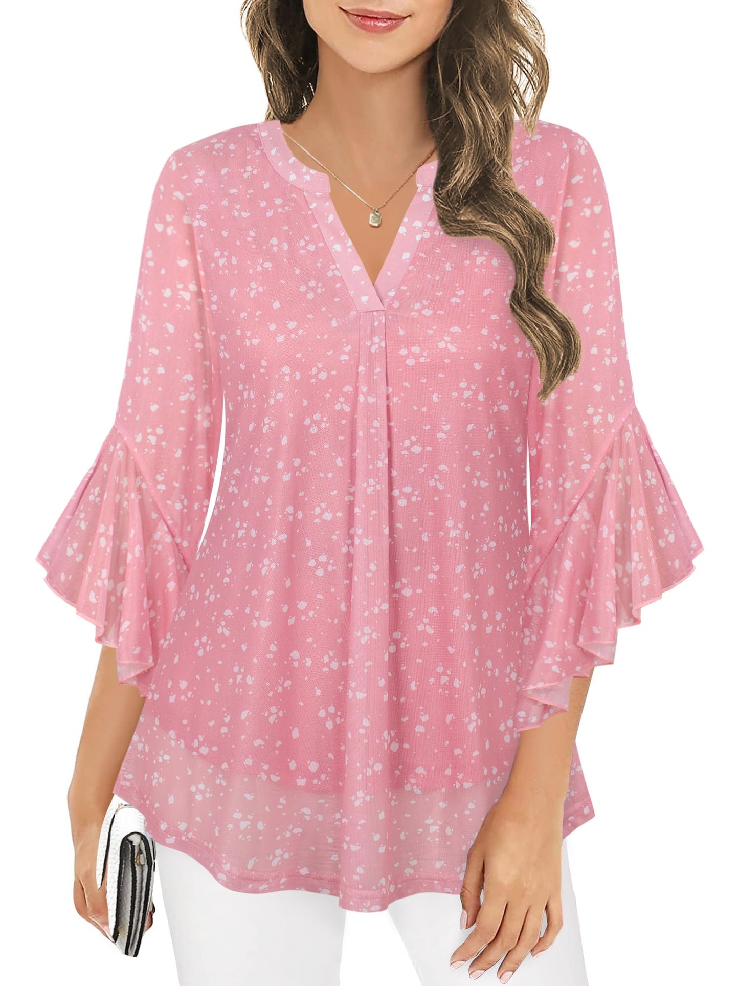 Ninedaily Womens Tops 3/4 Sleeve Dressy Casual Blouses Double Layers V Neck Shirt
