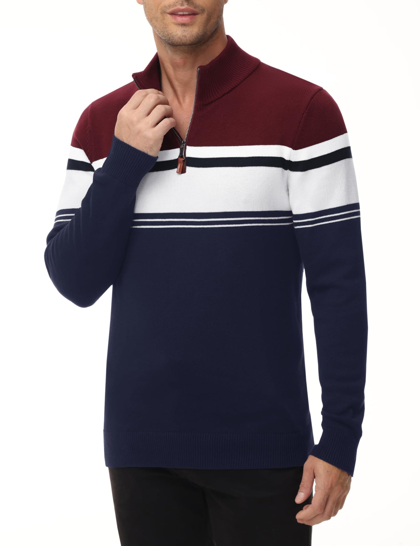 MAGNIVIT Men's Sweater Quarter Zip Striped Pullover Fall Winter Spring Color Block Polo Sweatshirts