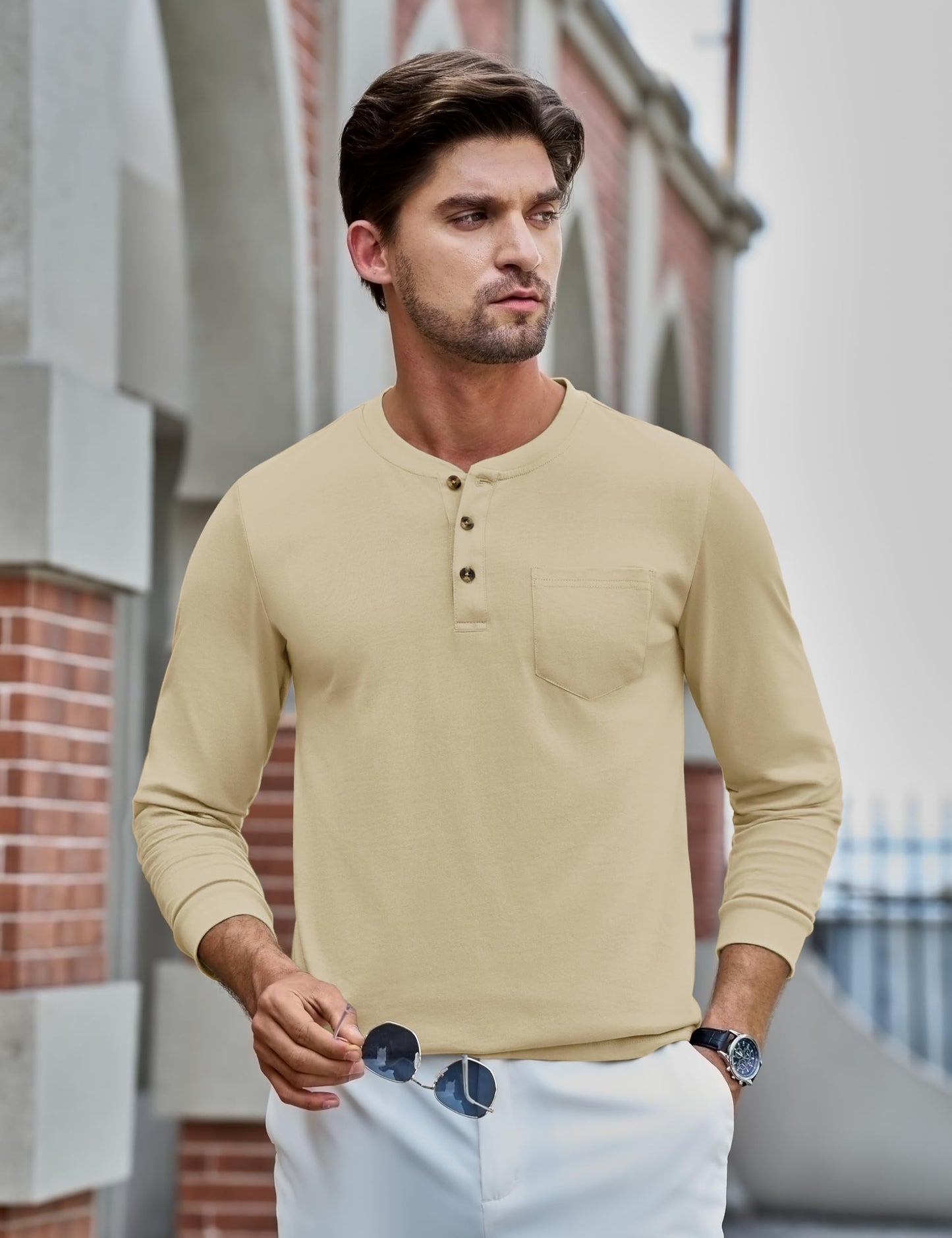 MAGNIVIT Mens Henley Shirts Long Sleeve with Pocket Fall Cotton Casual T-Shirts Plain Moisture Wicking Tee with 3 Button