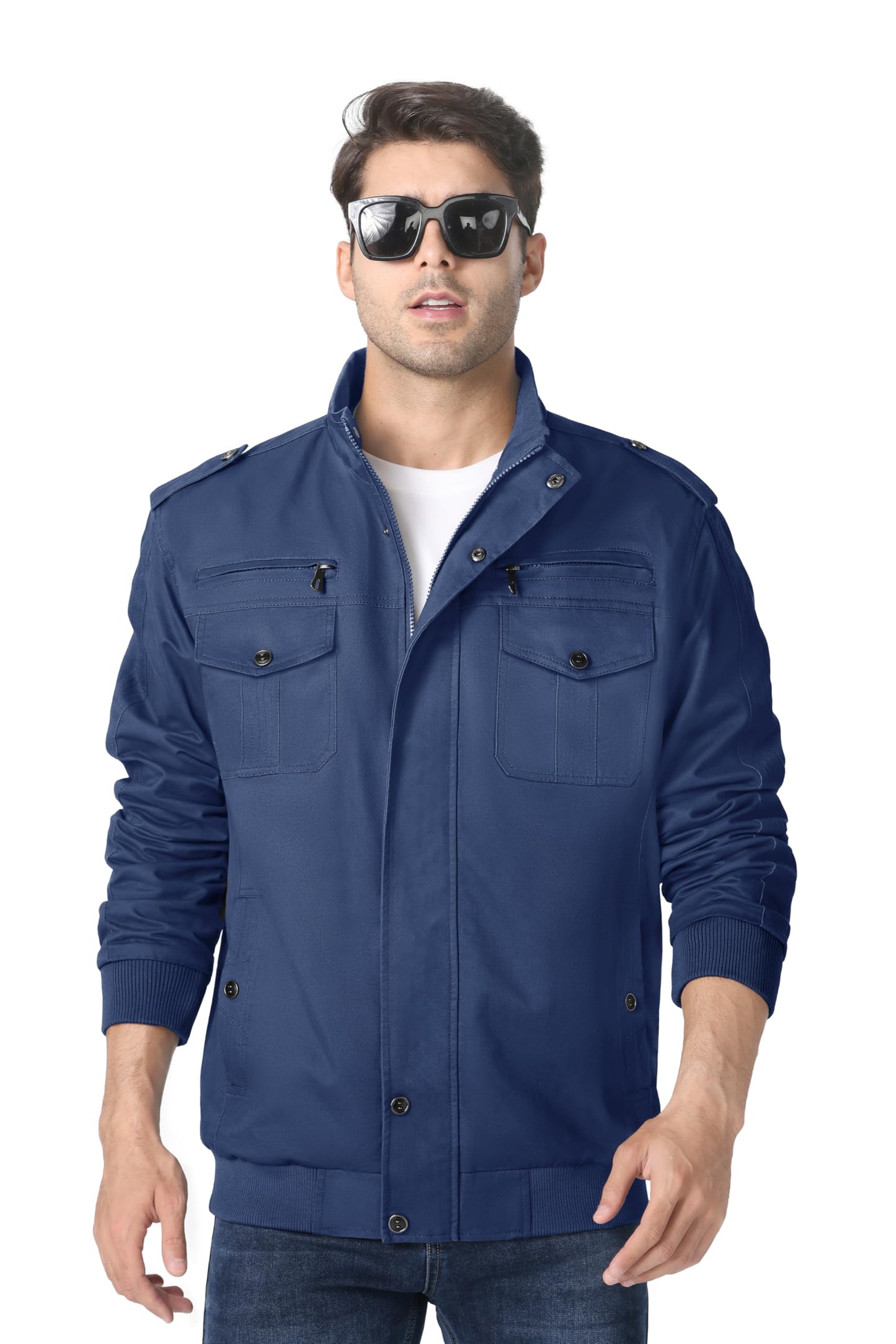 MAGNIVIT Men's Military Lightweight Army Windbreaker Cargo Jacket With Stand Collar, Zip Front, 7 Pockets - Cotton