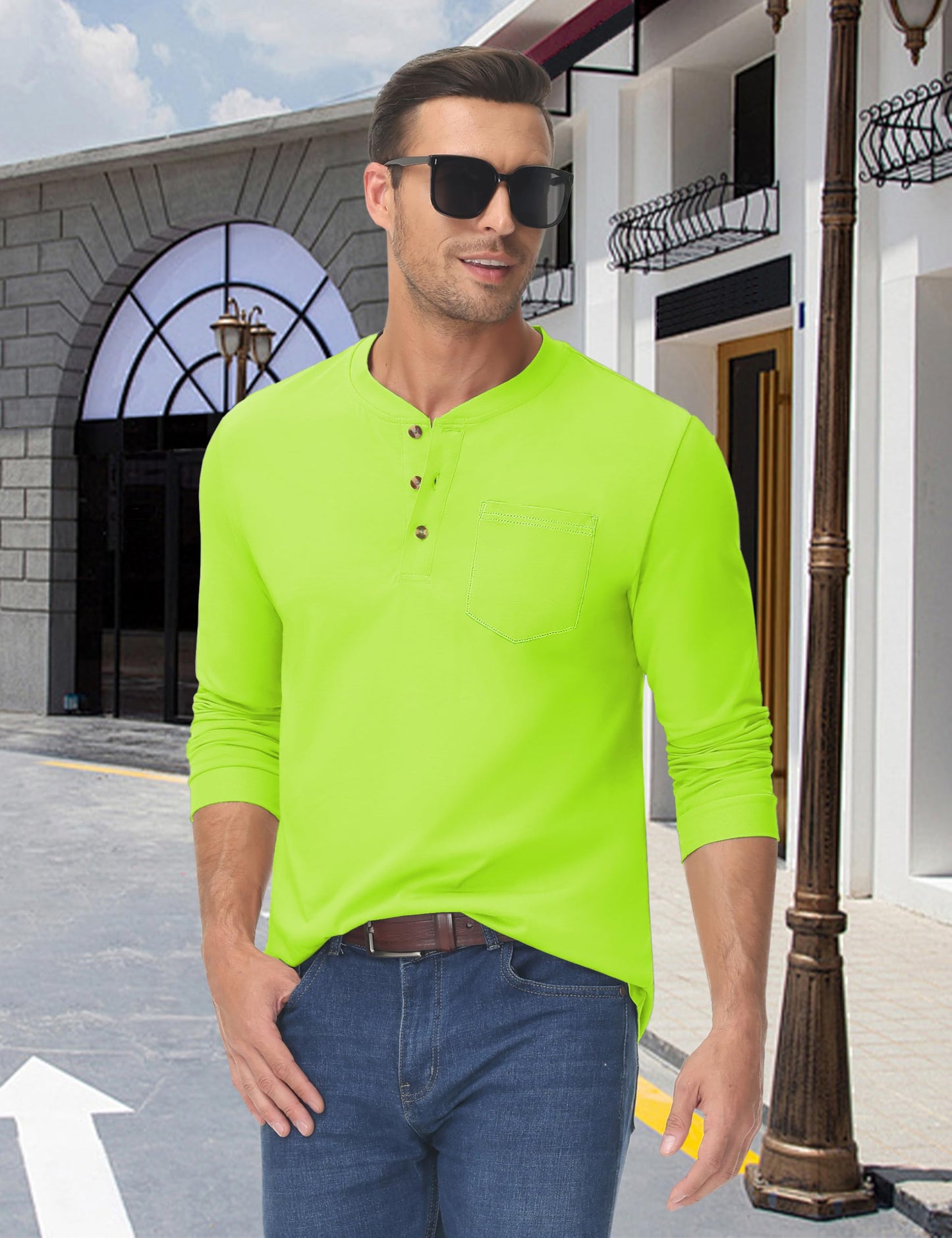 MAGNIVIT Mens Henley Shirts Long Sleeve with Pocket Fall Cotton Casual T-Shirts Plain Moisture Wicking Tee with 3 Button