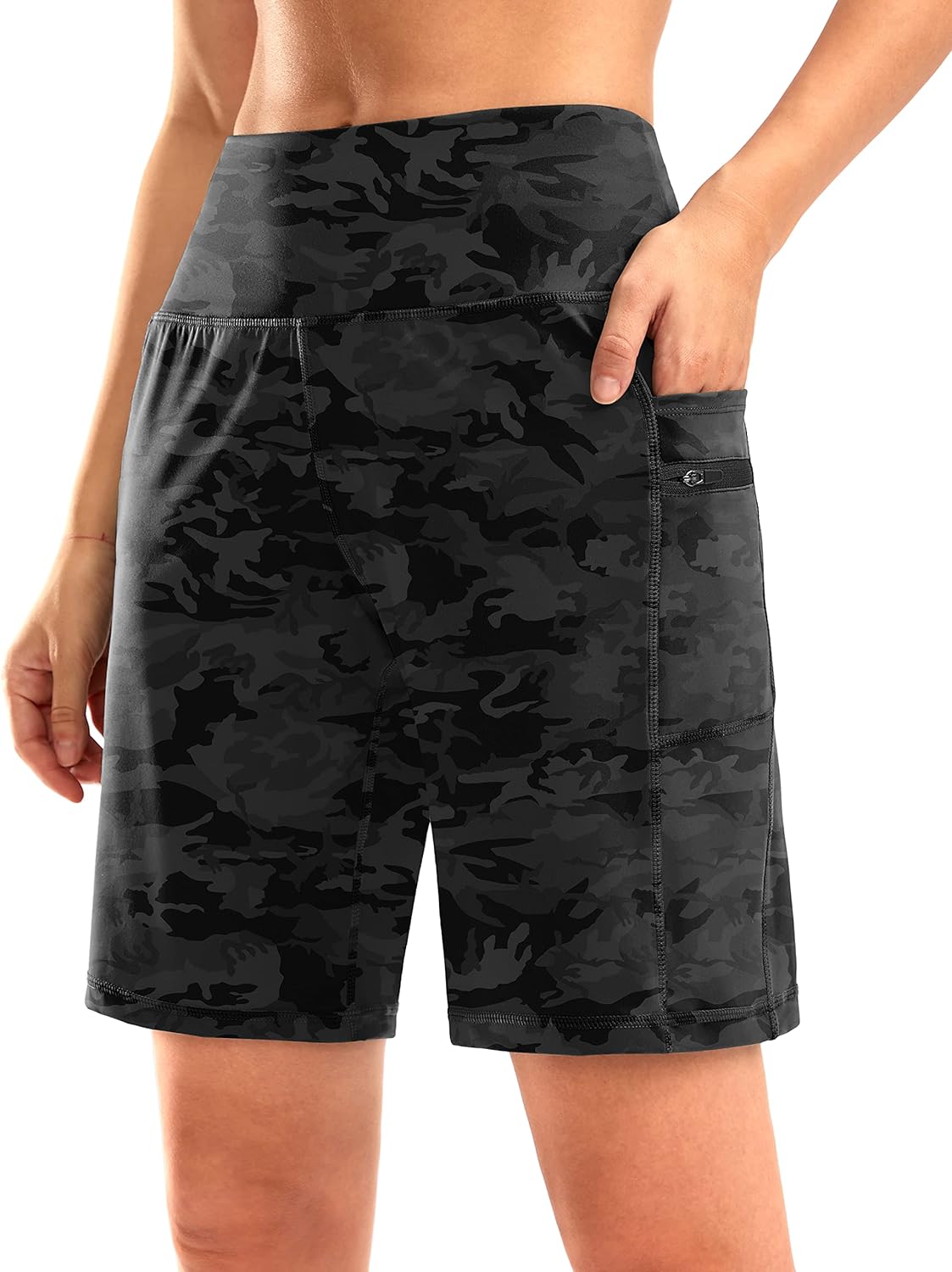 G Gradual Women's High Waisted 9" Bermuda Shorts with Zipper Pockets Athletic Workout Long Shorts for Women Knee Length