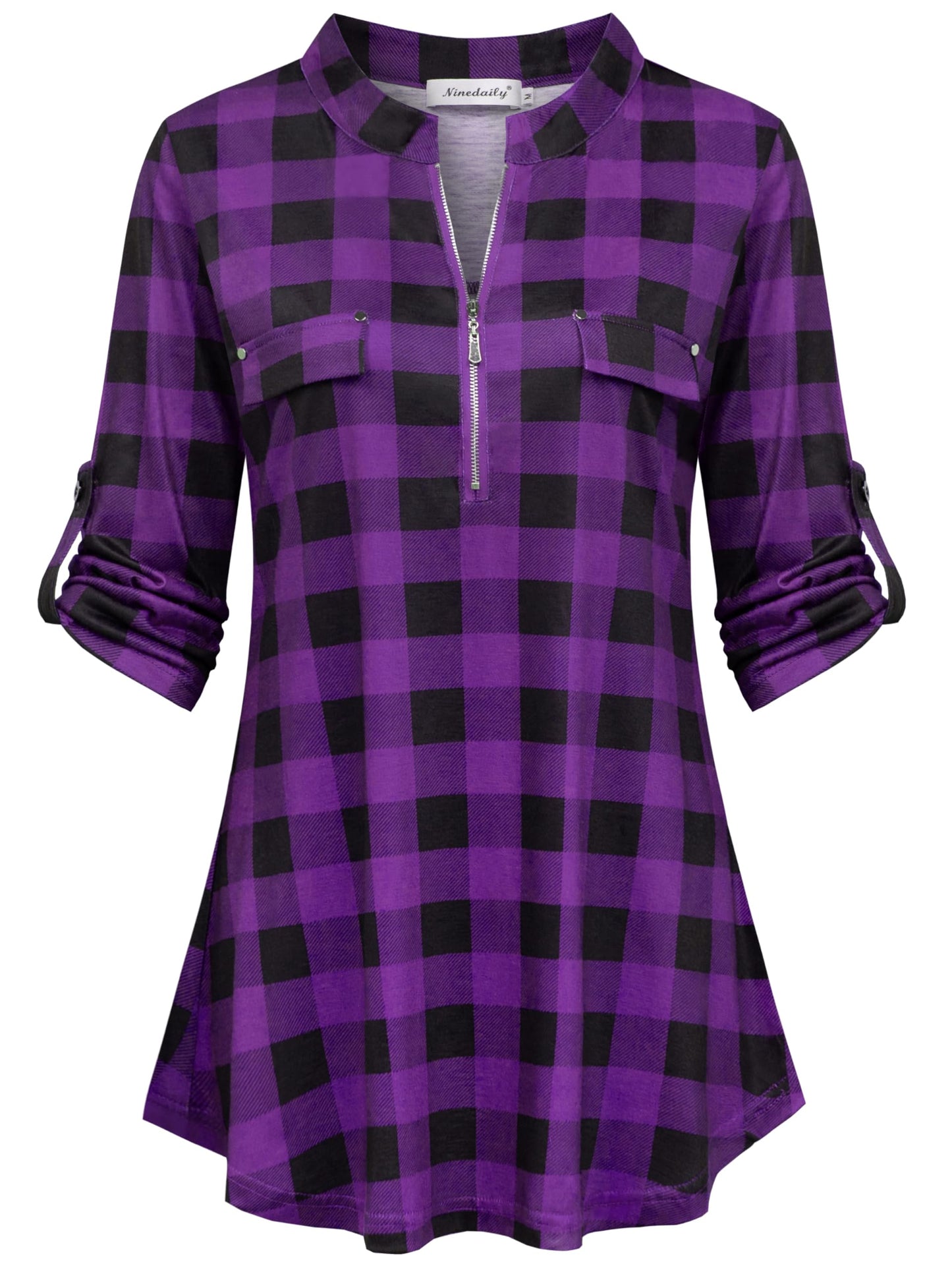 Ninedaily Women's 3/4 Sleeve Plaid Shirts Zip Floral Casual Tunic Blouse Tops