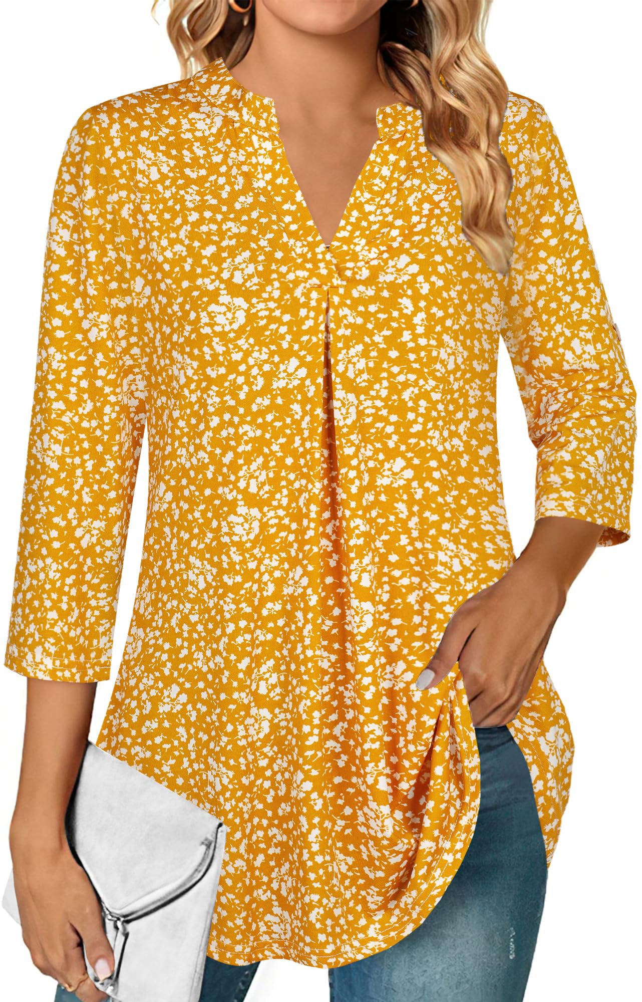 Ninedaily Womens Tops Dressy Casual 3/4 Sleeve V Neck Chiffon Shirt Work Blouses