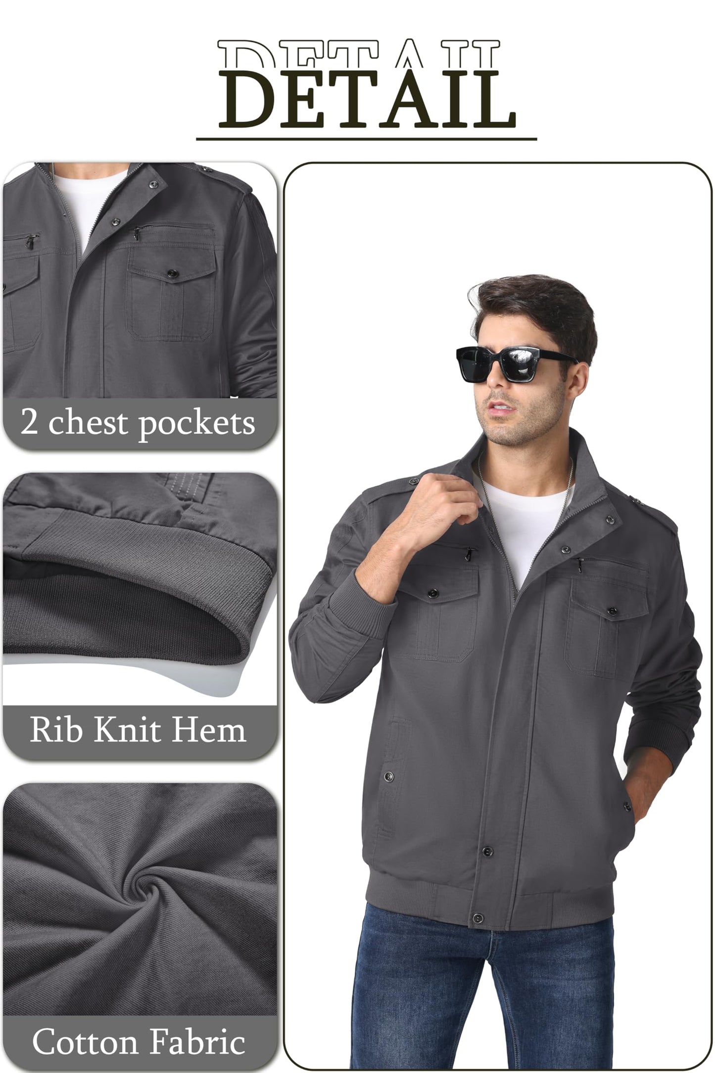MAGNIVIT Men's Military Lightweight Army Windbreaker Cargo Jacket With Stand Collar, Zip Front, 7 Pockets - Cotton