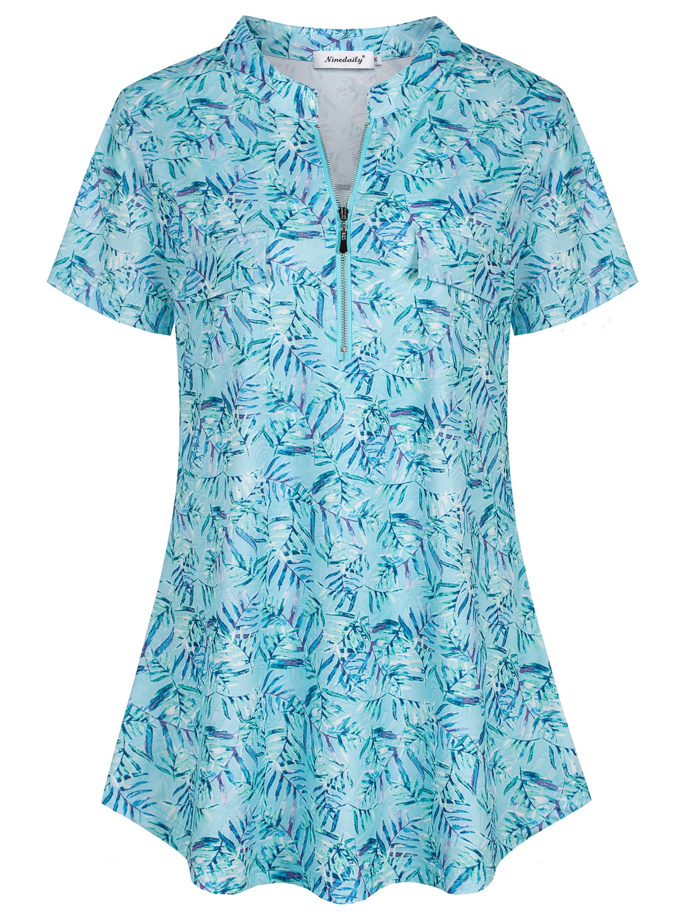 Ninedaily Women's Summer Tops Short Sleeve Casual Blouse Zip Floral Tunic Shirts
