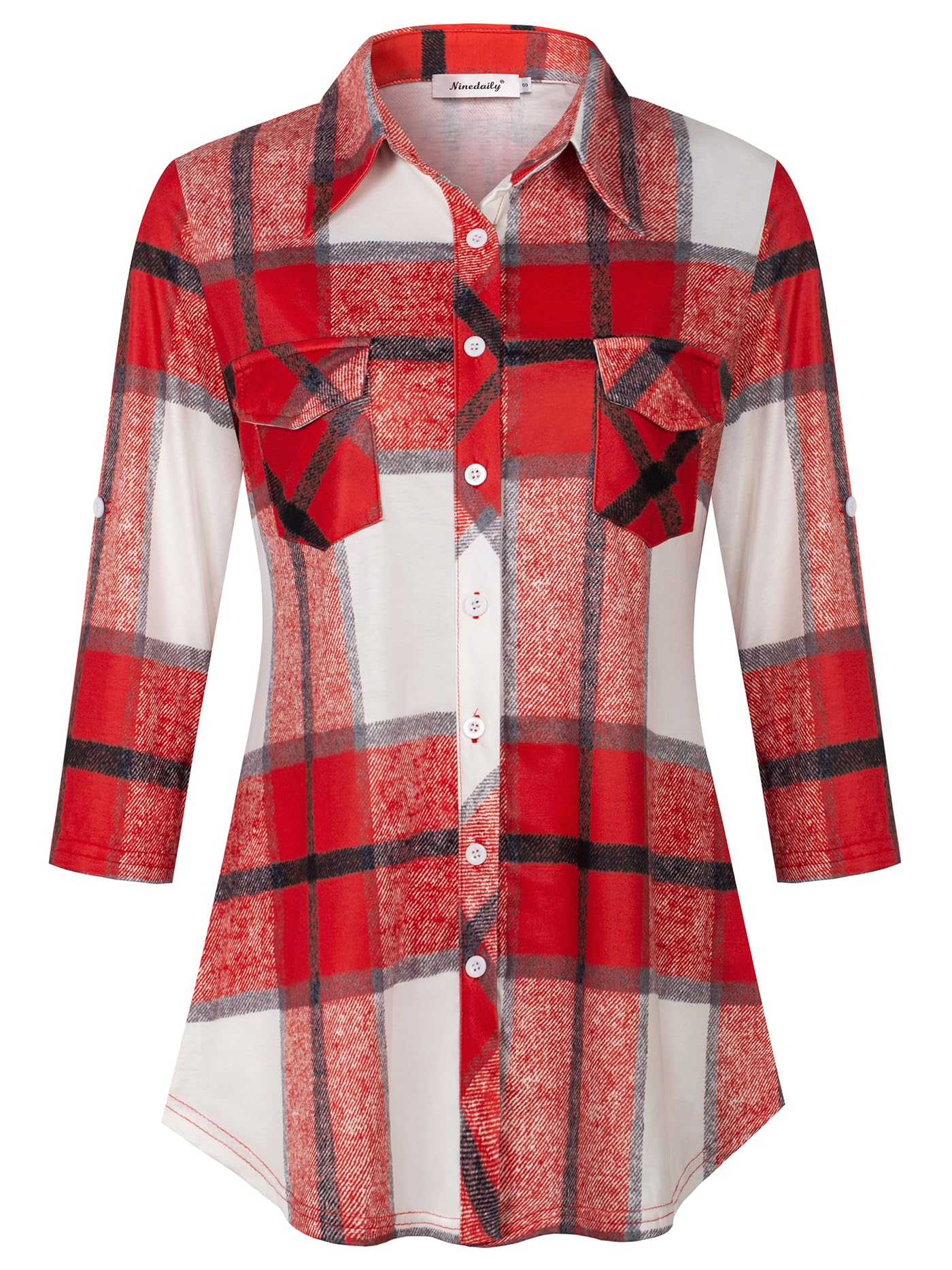 Ninedaily Women's Plaid Shirt Collared Button Down Blouse 3/4 Sleeve Tunic Tops