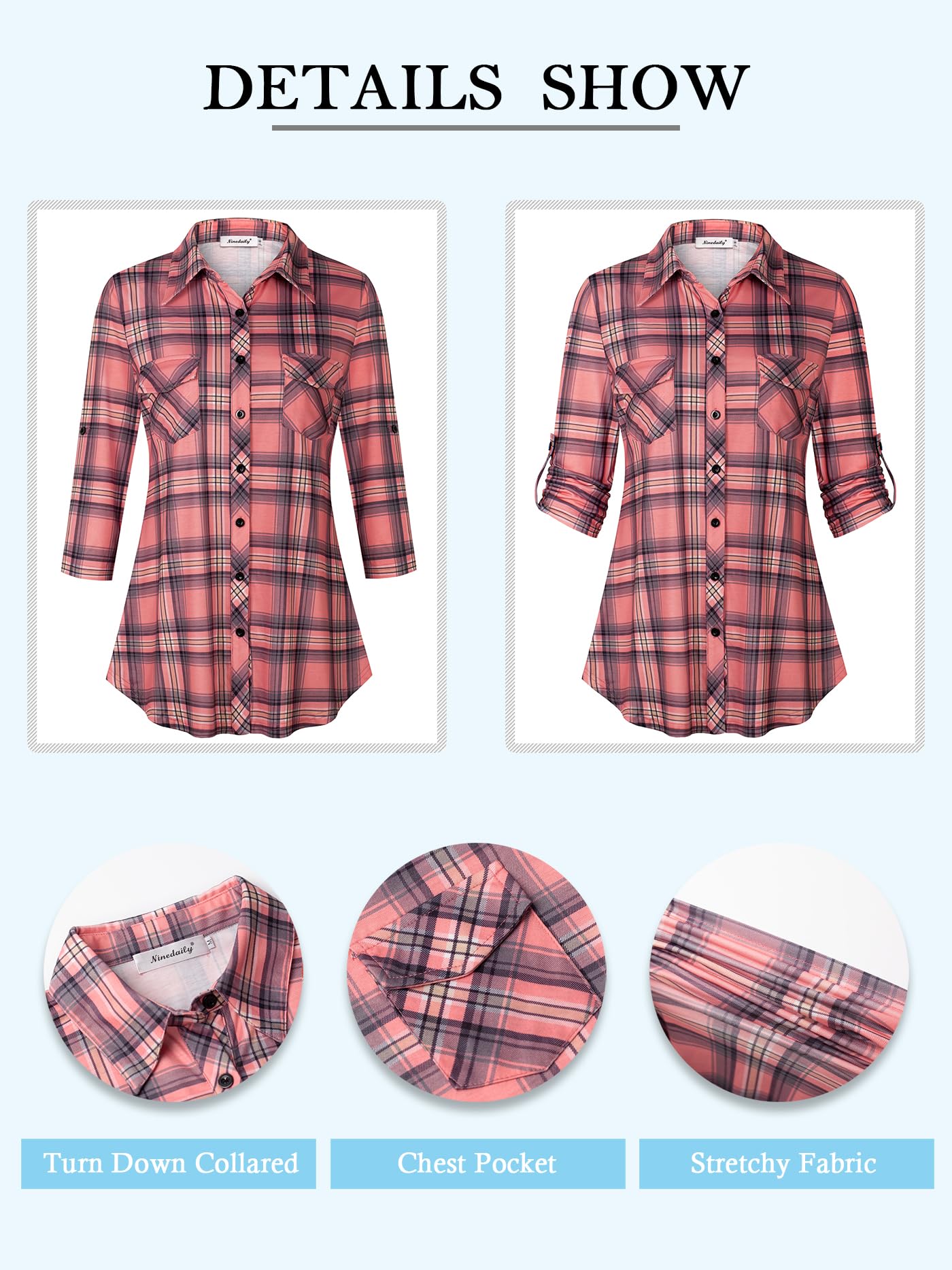 Ninedaily Women's Plaid Shirt Collared Button Down Blouse 3/4 Sleeve Tunic Tops