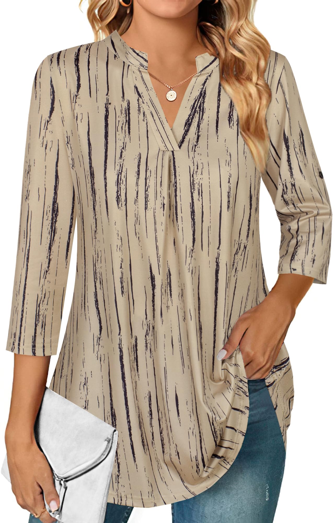 Ninedaily Womens Tops Dressy Casual 3/4 Sleeve V Neck Chiffon Shirt Work Blouses