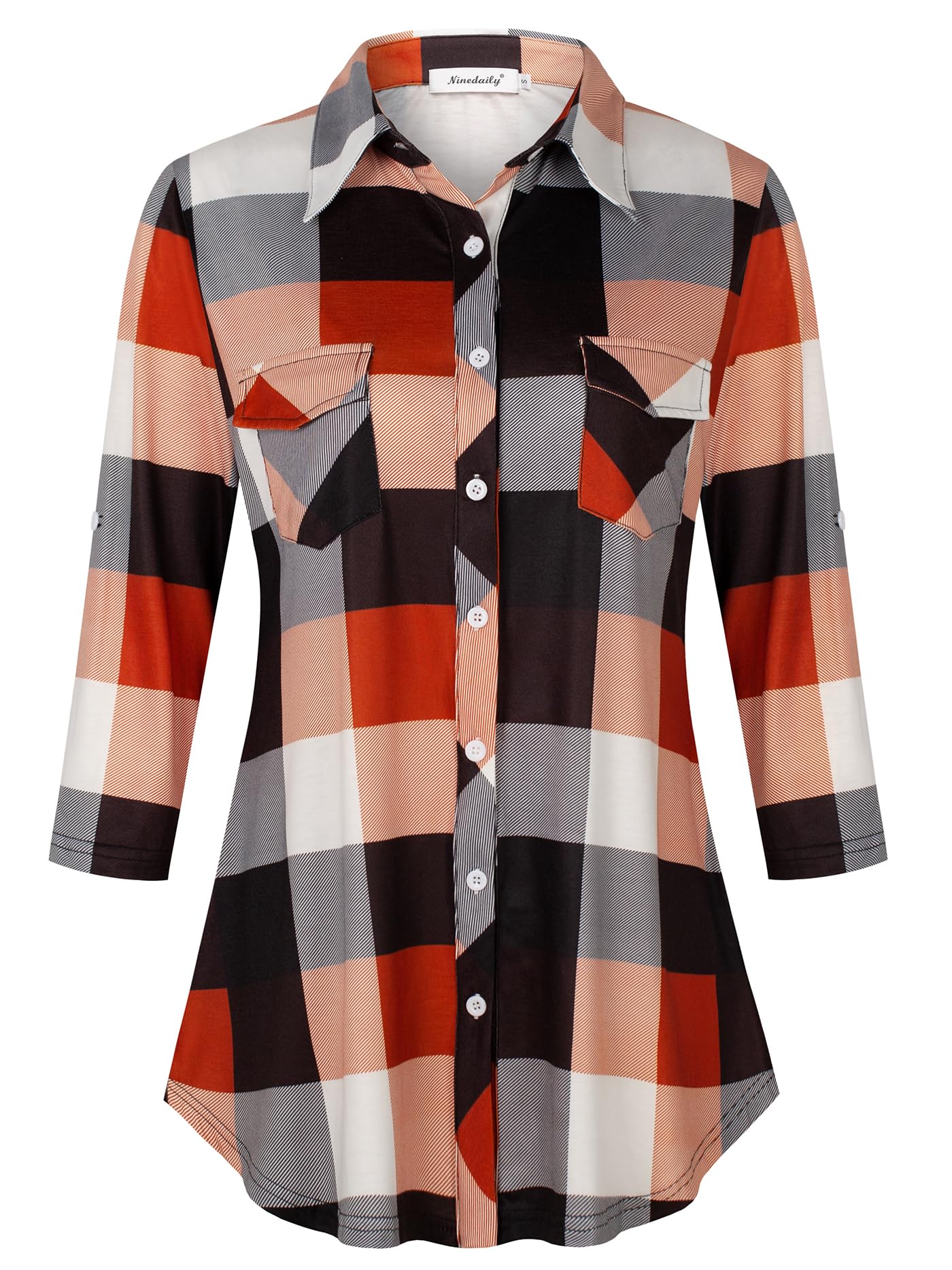 Ninedaily Women's Plaid Shirt Collared Button Down Blouse 3/4 Sleeve Tunic Tops