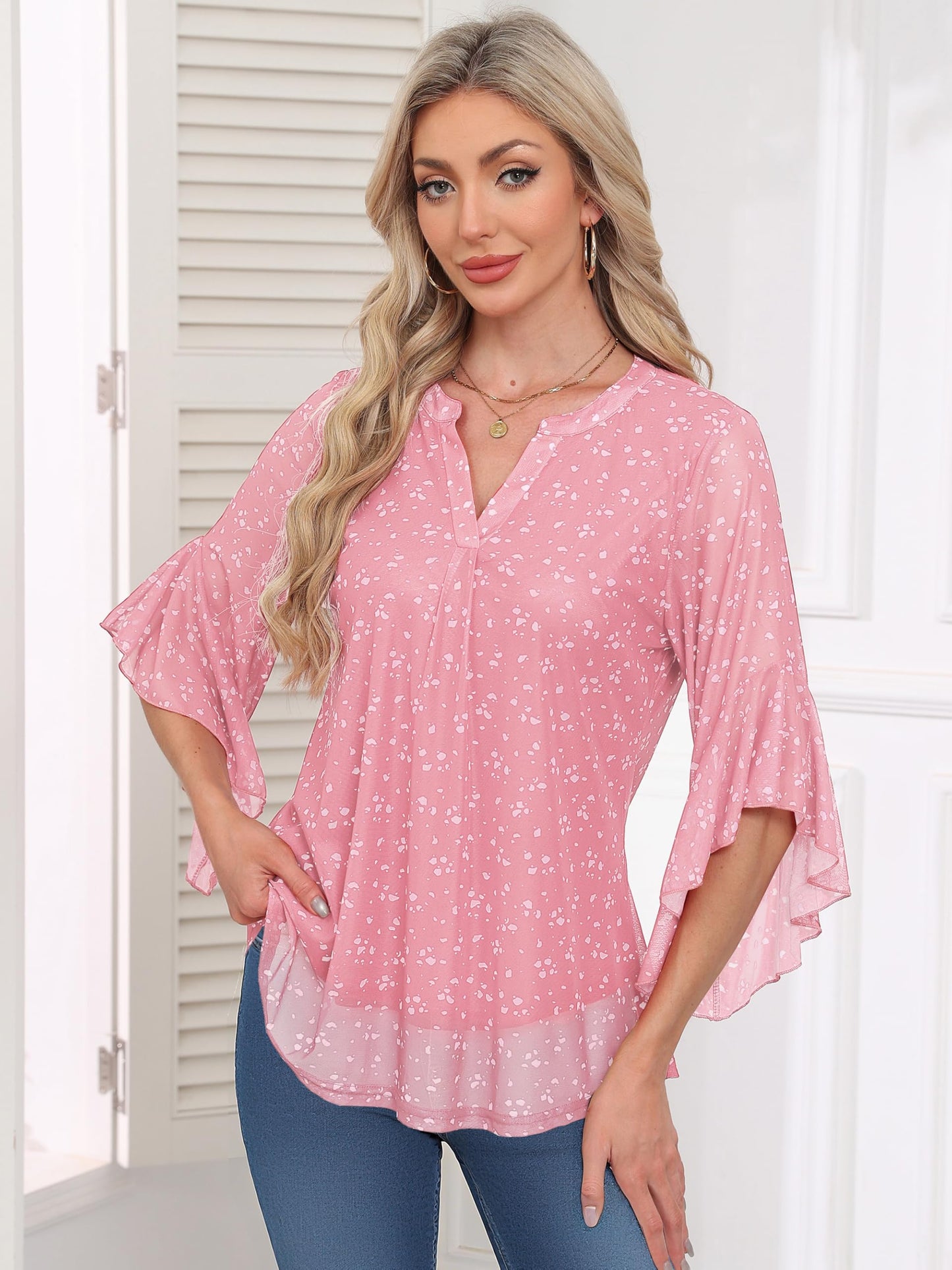 Ninedaily Womens Tops 3/4 Sleeve Dressy Casual Blouses Double Layers V Neck Shirt