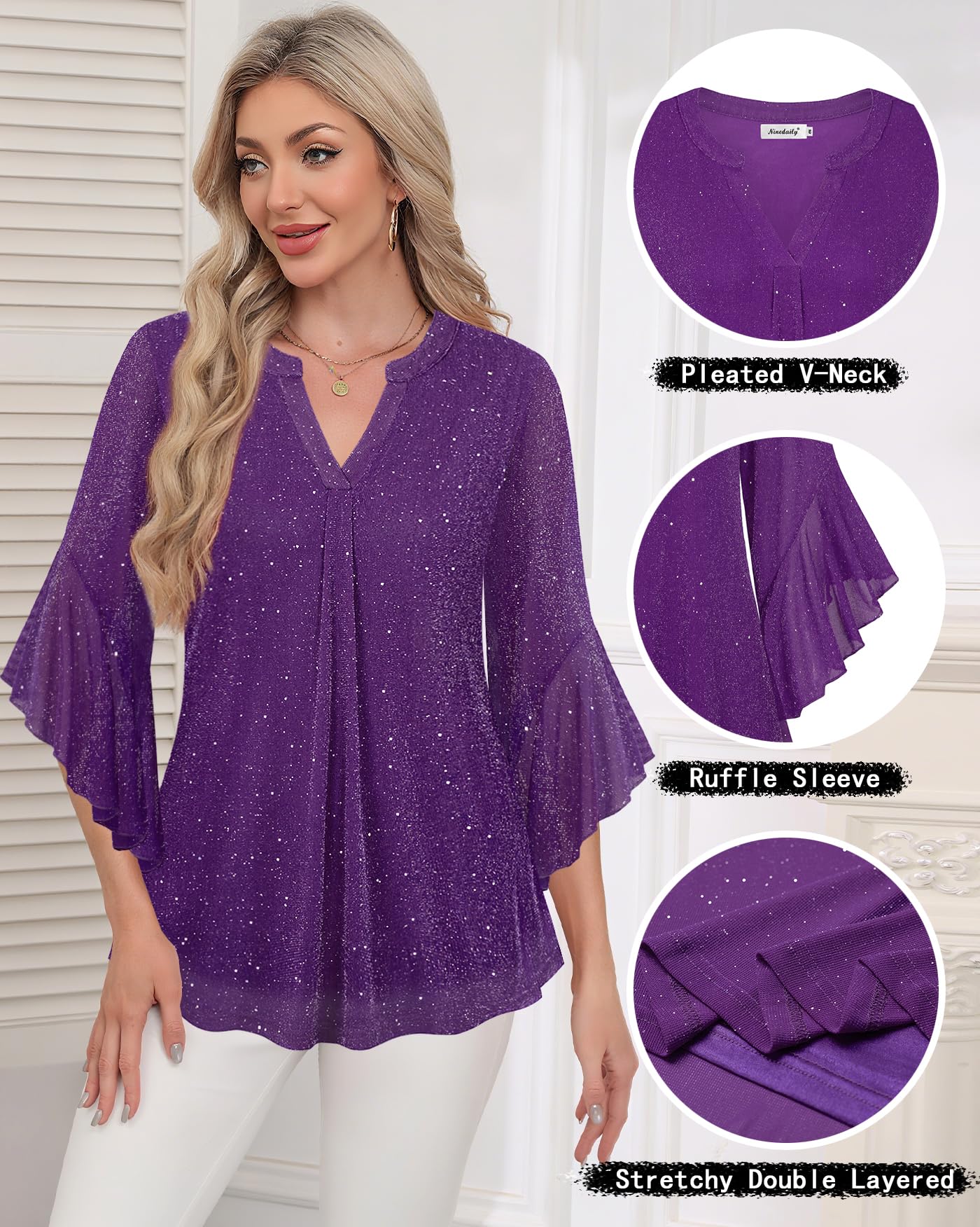 Ninedaily Womens Tops 3/4 Sleeve Dressy Casual Blouses Double Layers V Neck Shirt