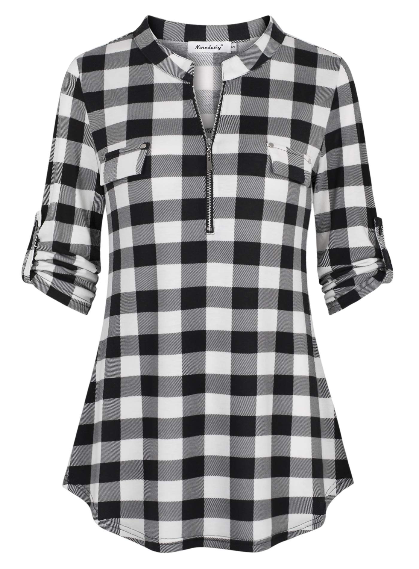 Ninedaily Women's 3/4 Sleeve Plaid Shirts Zip Floral Casual Tunic Blouse Tops