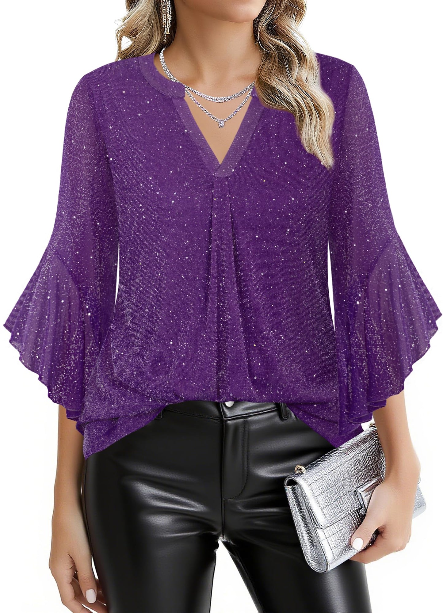 Ninedaily Womens Tops 3/4 Sleeve Dressy Casual Blouses Double Layers V Neck Shirt