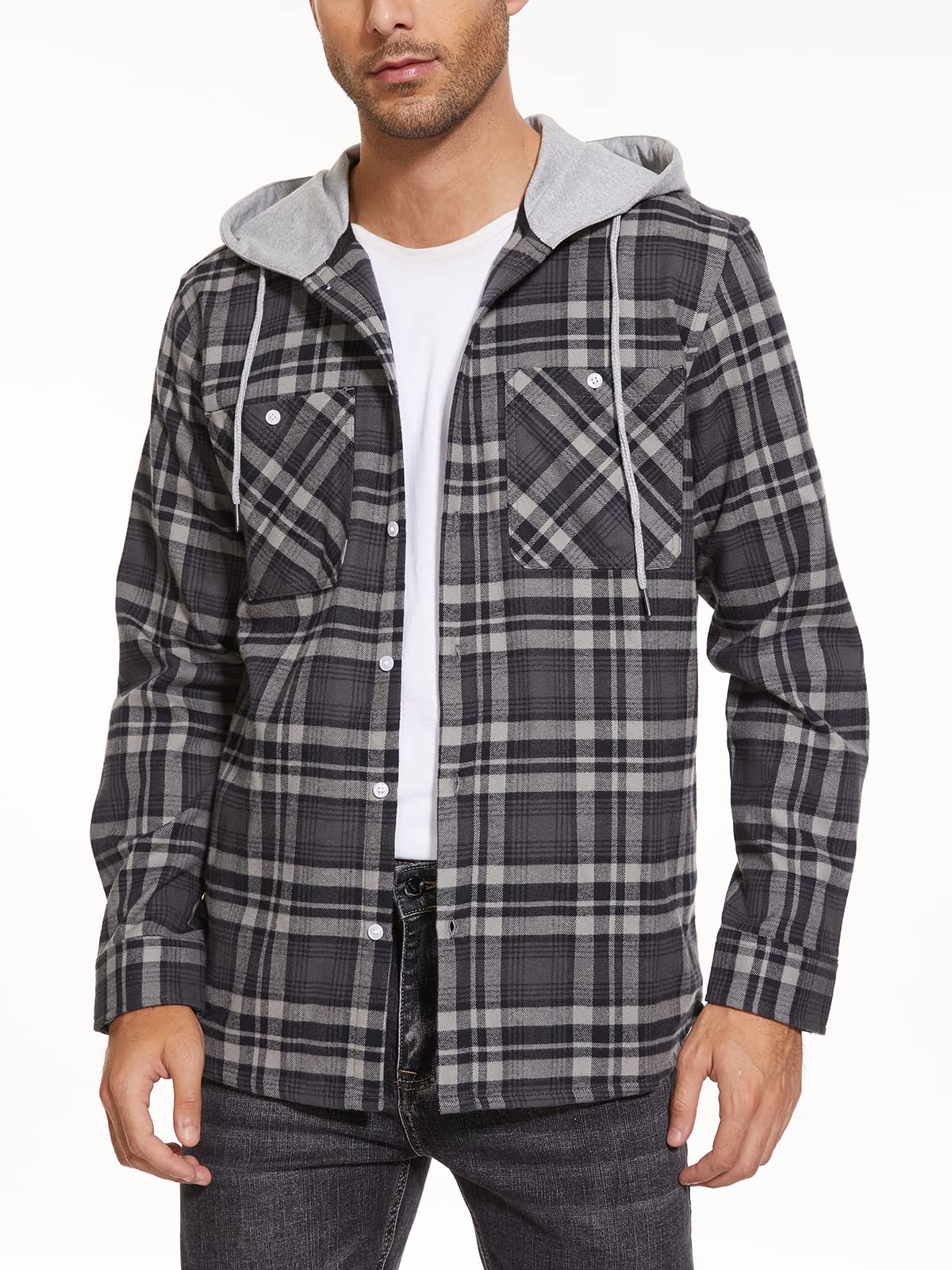MAGNIVIT Mens Classic Plaid Long Sleeve Hooded Shirts Multi Pockets Thin Cotton Light Jacket Relaxed Fit Casual Outwear