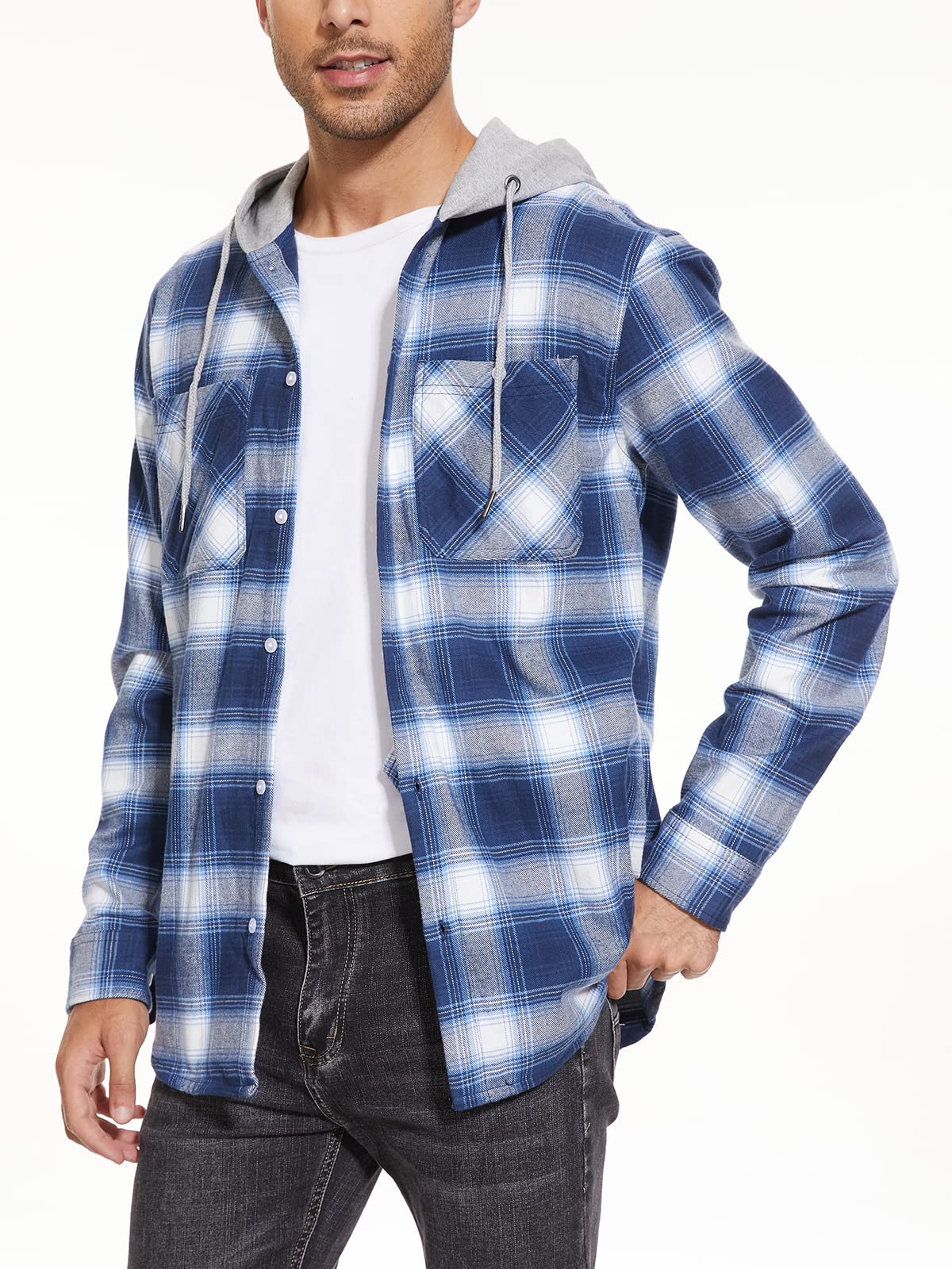 MAGNIVIT Mens Classic Plaid Long Sleeve Hooded Shirts Multi Pockets Thin Cotton Light Jacket Relaxed Fit Casual Outwear